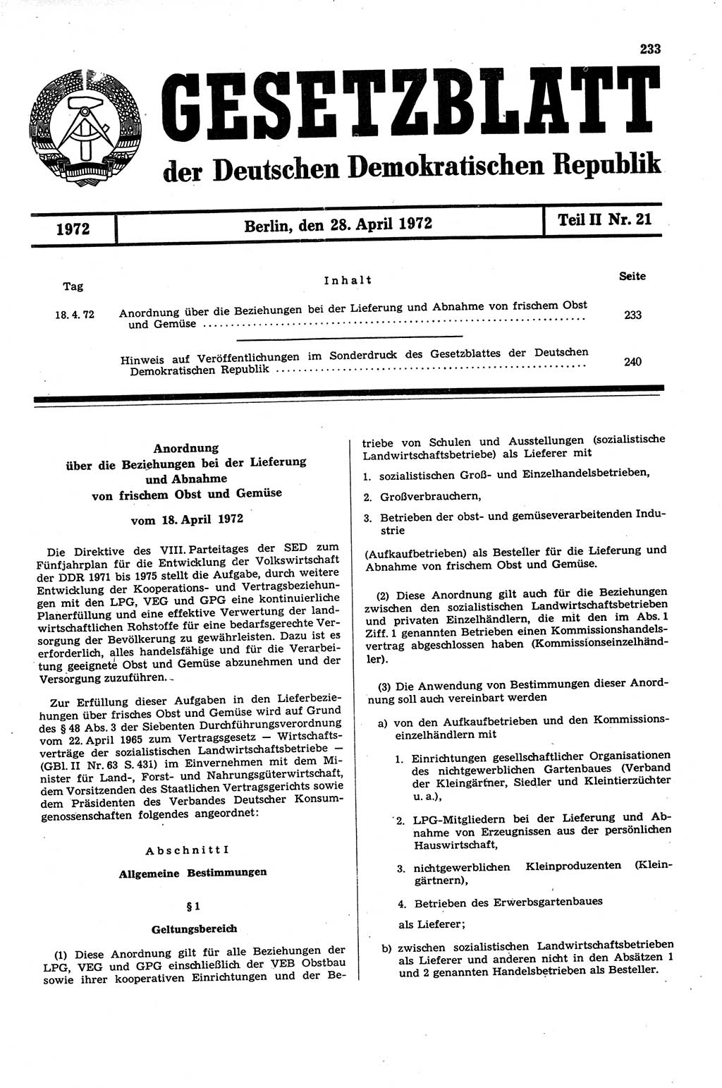 Gesetzblatt (GBl.) der Deutschen Demokratischen Republik (DDR) Teil ⅠⅠ 1972, Seite 233 (GBl. DDR ⅠⅠ 1972, S. 233)