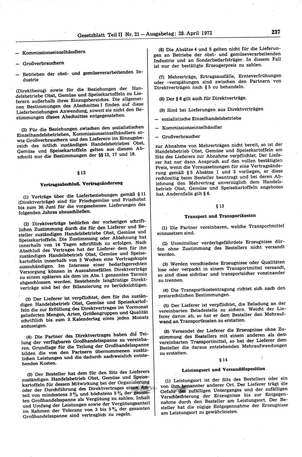 Gesetzblatt (GBl.) der Deutschen Demokratischen Republik (DDR) Teil ⅠⅠ 1972, Seite 237 (GBl. DDR ⅠⅠ 1972, S. 237)