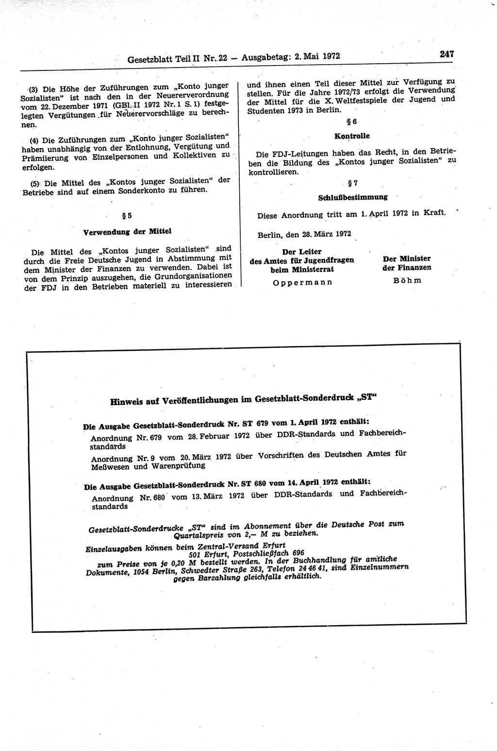 Gesetzblatt (GBl.) der Deutschen Demokratischen Republik (DDR) Teil ⅠⅠ 1972, Seite 247 (GBl. DDR ⅠⅠ 1972, S. 247)