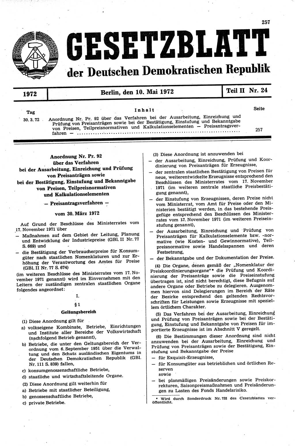 Gesetzblatt (GBl.) der Deutschen Demokratischen Republik (DDR) Teil ⅠⅠ 1972, Seite 257 (GBl. DDR ⅠⅠ 1972, S. 257)