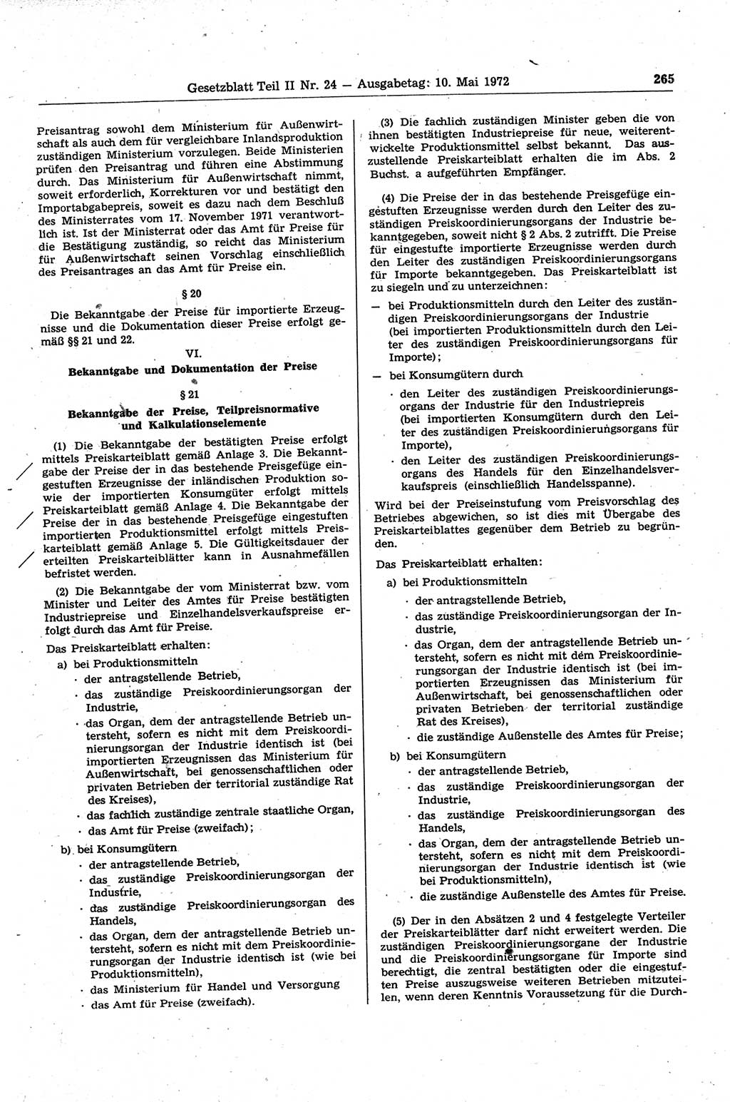 Gesetzblatt (GBl.) der Deutschen Demokratischen Republik (DDR) Teil ⅠⅠ 1972, Seite 265 (GBl. DDR ⅠⅠ 1972, S. 265)