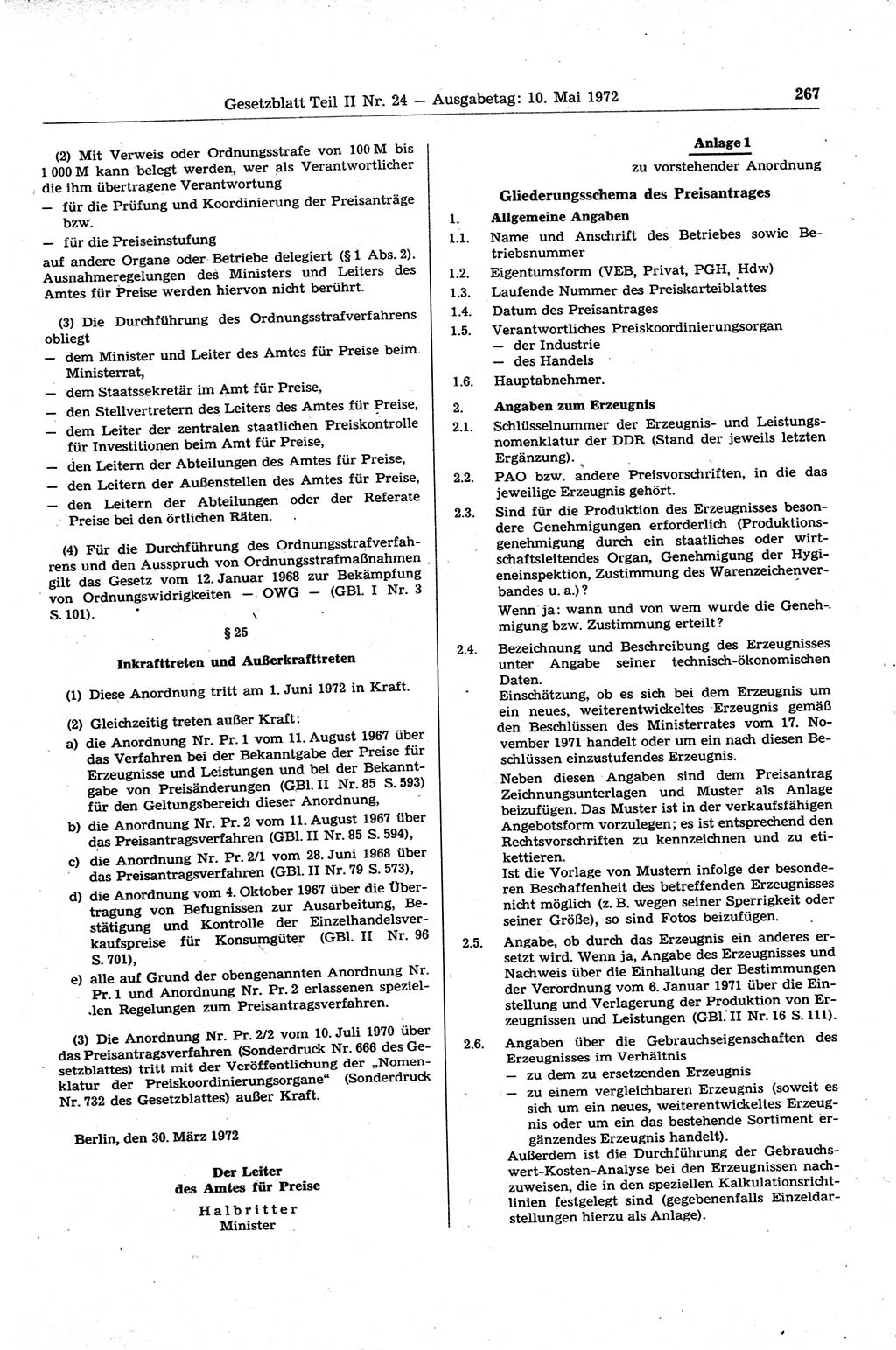 Gesetzblatt (GBl.) der Deutschen Demokratischen Republik (DDR) Teil ⅠⅠ 1972, Seite 267 (GBl. DDR ⅠⅠ 1972, S. 267)