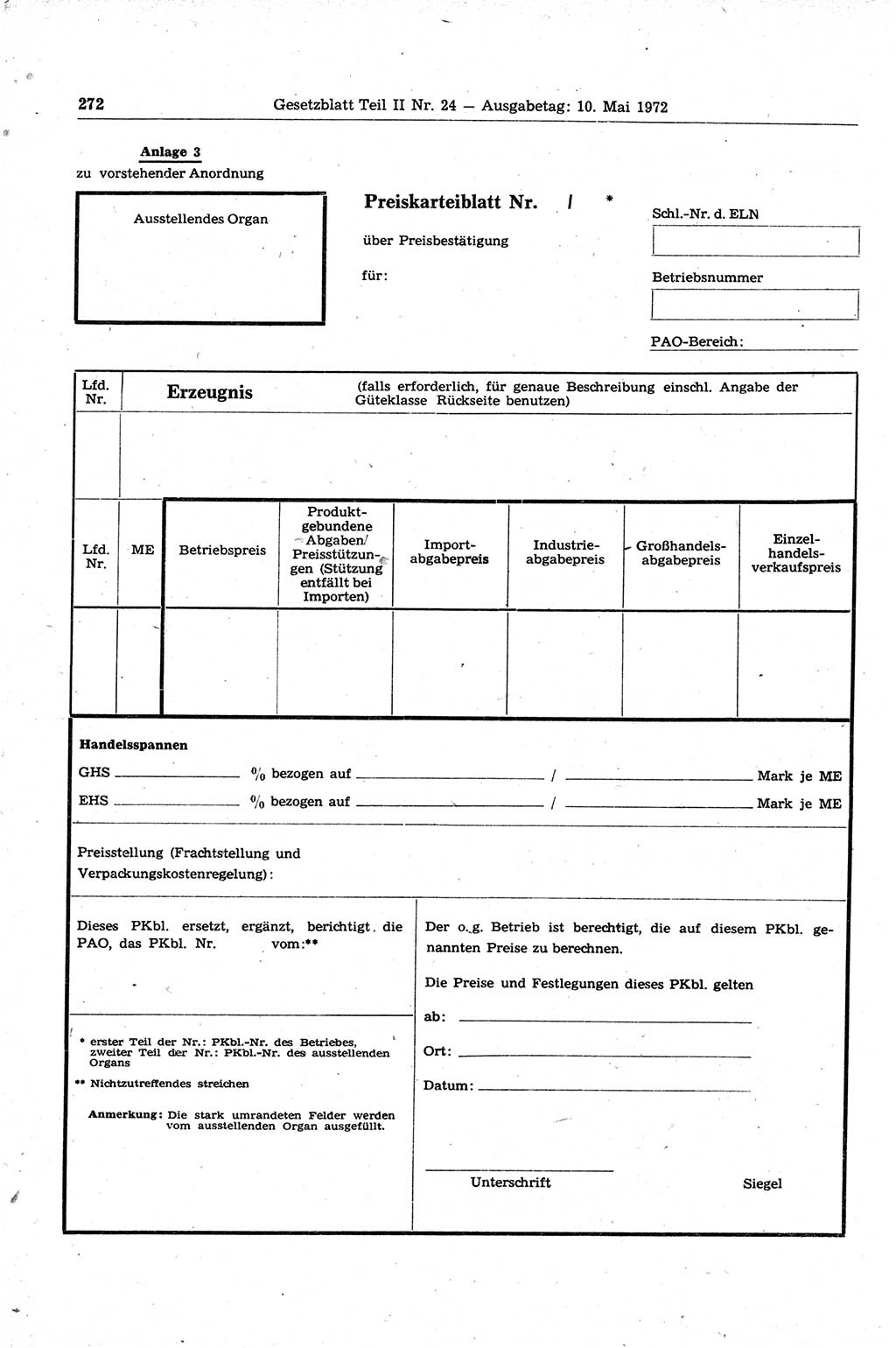 Gesetzblatt (GBl.) der Deutschen Demokratischen Republik (DDR) Teil ⅠⅠ 1972, Seite 272 (GBl. DDR ⅠⅠ 1972, S. 272)