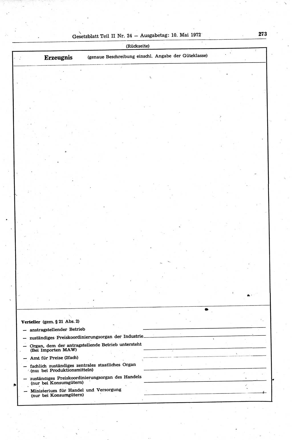 Gesetzblatt (GBl.) der Deutschen Demokratischen Republik (DDR) Teil ⅠⅠ 1972, Seite 273 (GBl. DDR ⅠⅠ 1972, S. 273)