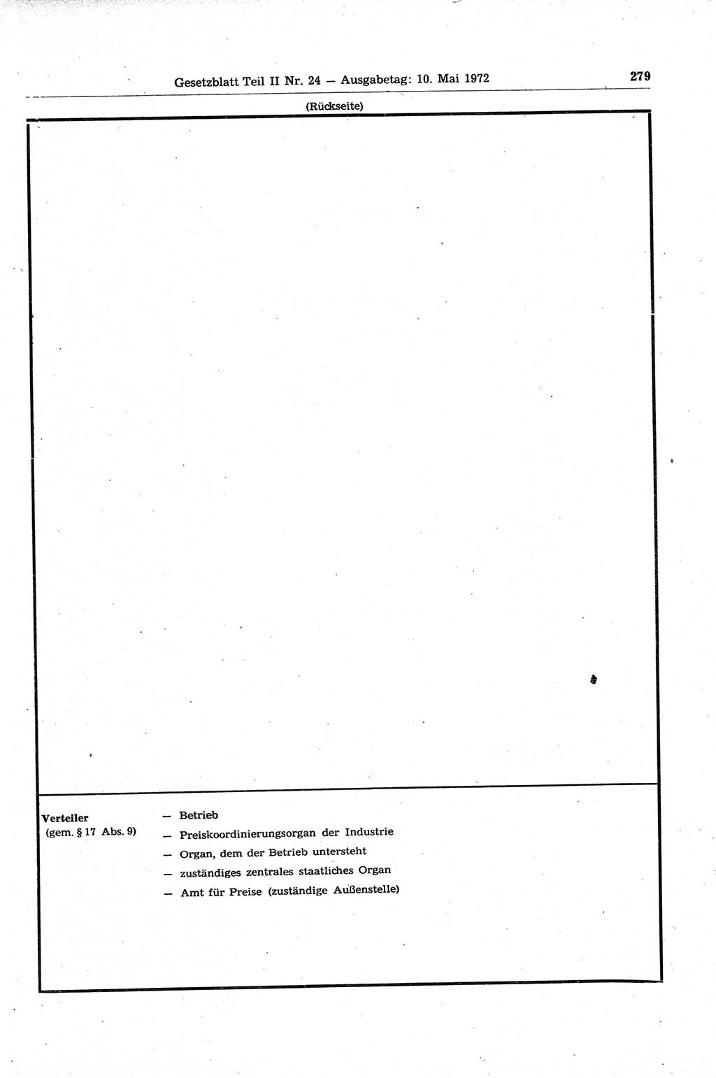 Gesetzblatt (GBl.) der Deutschen Demokratischen Republik (DDR) Teil ⅠⅠ 1972, Seite 279 (GBl. DDR ⅠⅠ 1972, S. 279)