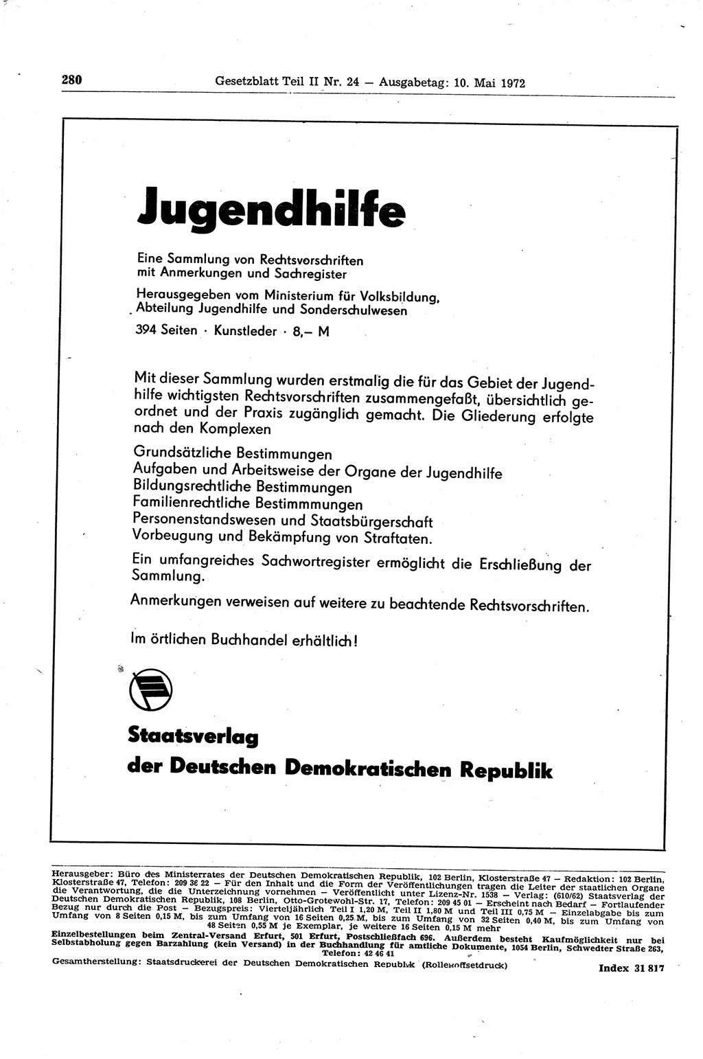 Gesetzblatt (GBl.) der Deutschen Demokratischen Republik (DDR) Teil ⅠⅠ 1972, Seite 280 (GBl. DDR ⅠⅠ 1972, S. 280)