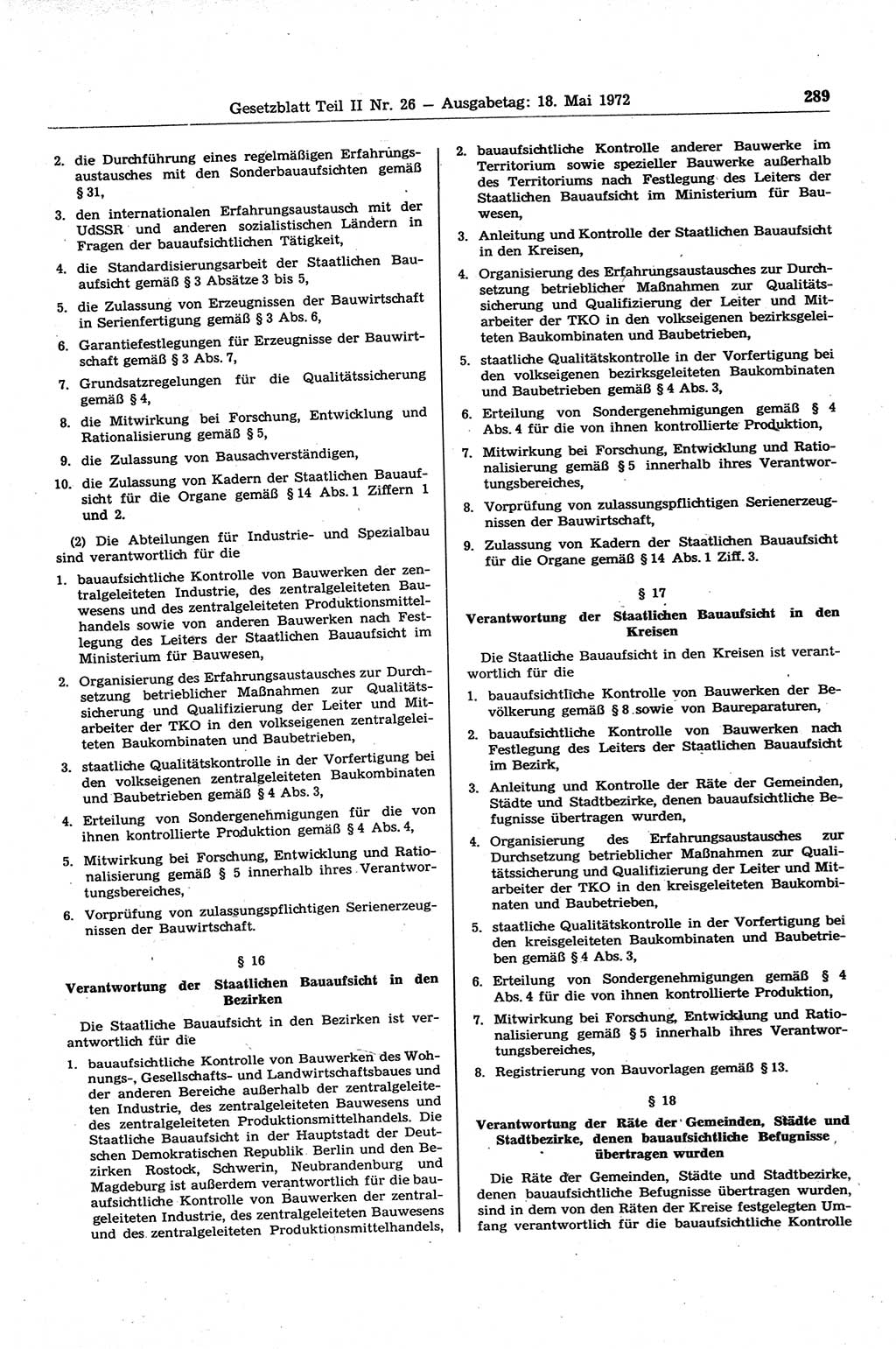 Gesetzblatt (GBl.) der Deutschen Demokratischen Republik (DDR) Teil ⅠⅠ 1972, Seite 289 (GBl. DDR ⅠⅠ 1972, S. 289)