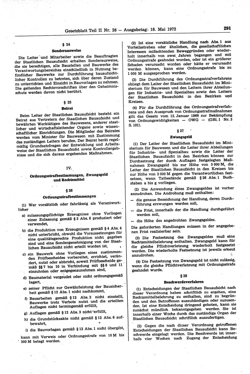 Gesetzblatt (GBl.) der Deutschen Demokratischen Republik (DDR) Teil ⅠⅠ 1972, Seite 291 (GBl. DDR ⅠⅠ 1972, S. 291)
