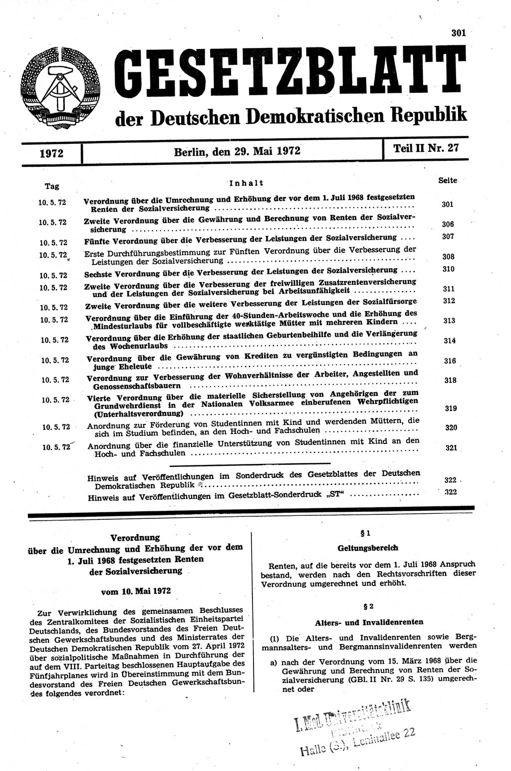 Gesetzblatt (GBl.) der Deutschen Demokratischen Republik (DDR) Teil ⅠⅠ 1972, Seite 301 (GBl. DDR ⅠⅠ 1972, S. 301)