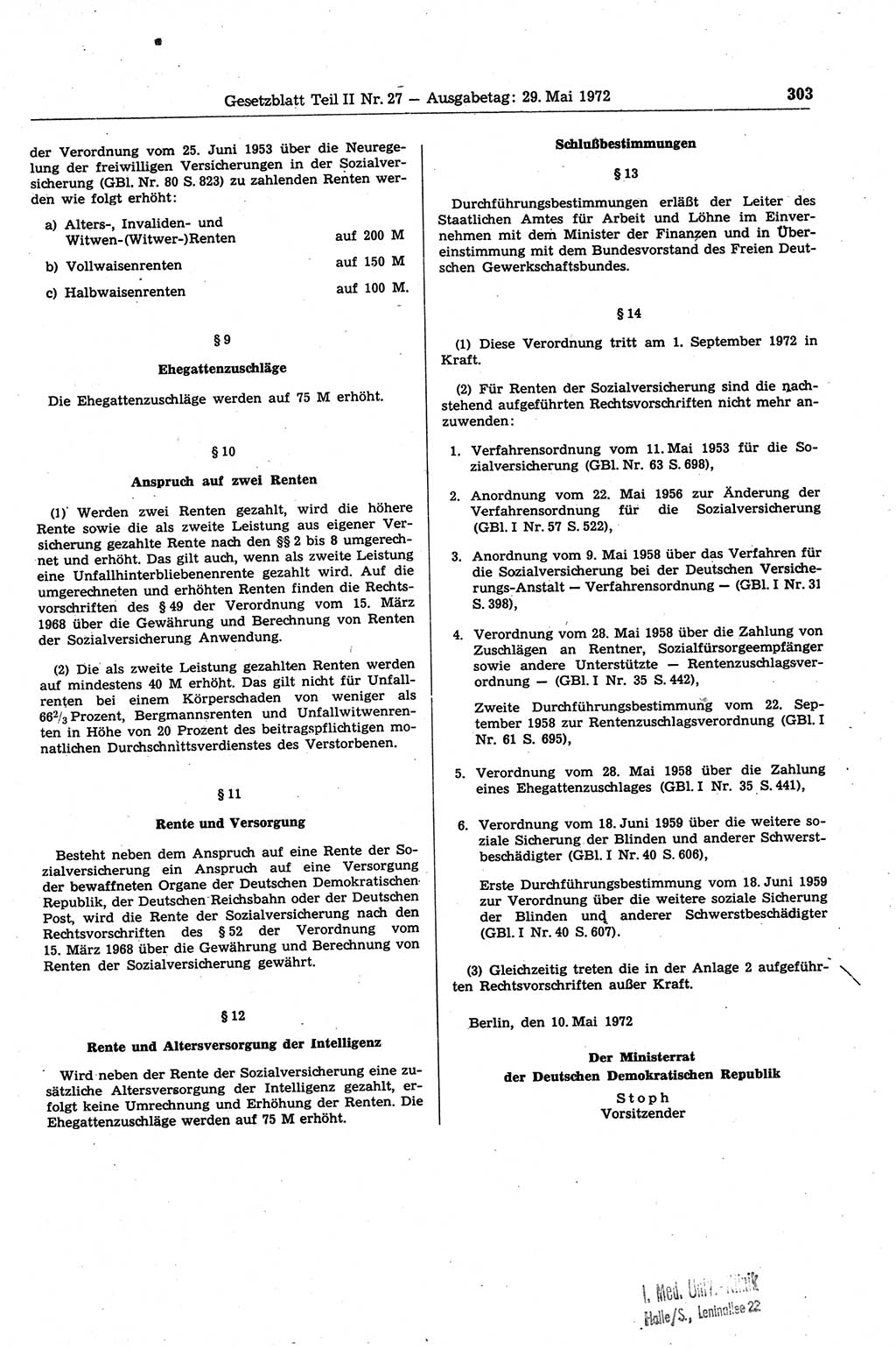 Gesetzblatt (GBl.) der Deutschen Demokratischen Republik (DDR) Teil ⅠⅠ 1972, Seite 303 (GBl. DDR ⅠⅠ 1972, S. 303)