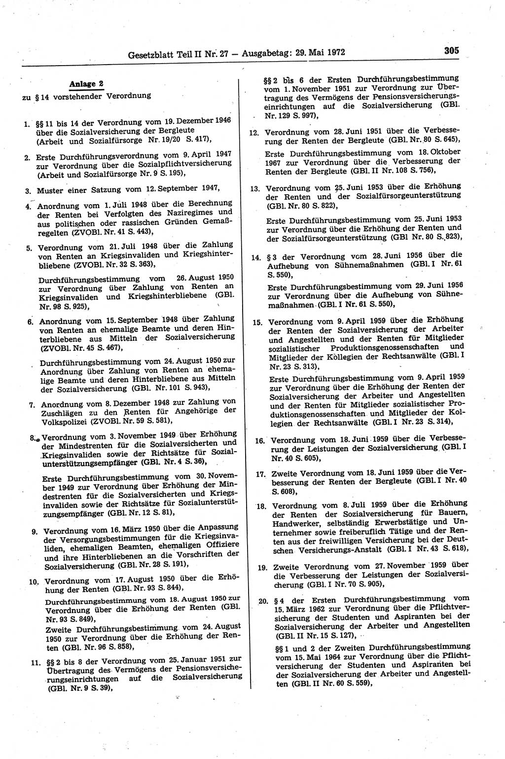 Gesetzblatt (GBl.) der Deutschen Demokratischen Republik (DDR) Teil ⅠⅠ 1972, Seite 305 (GBl. DDR ⅠⅠ 1972, S. 305)