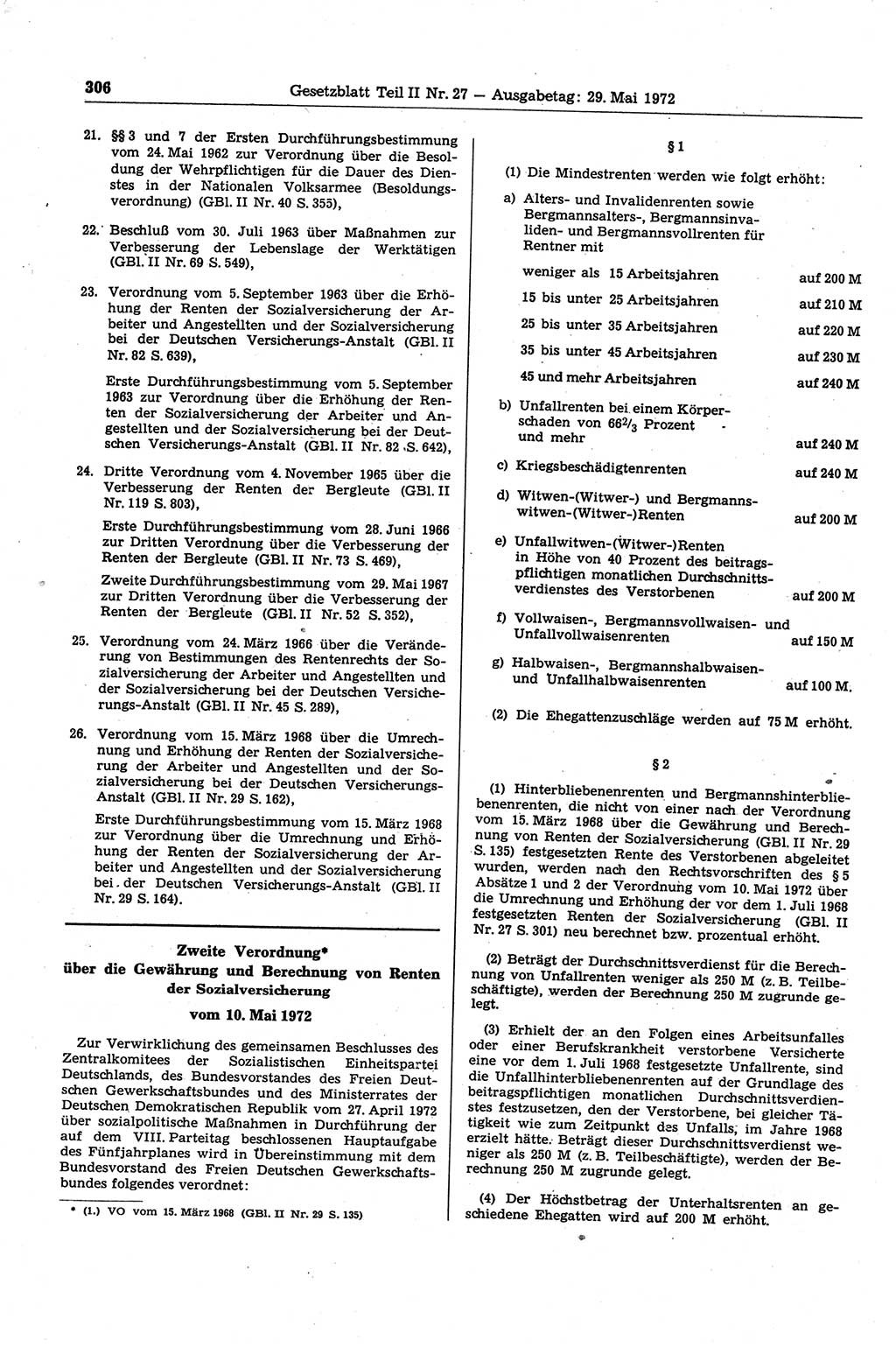 Gesetzblatt (GBl.) der Deutschen Demokratischen Republik (DDR) Teil ⅠⅠ 1972, Seite 306 (GBl. DDR ⅠⅠ 1972, S. 306)