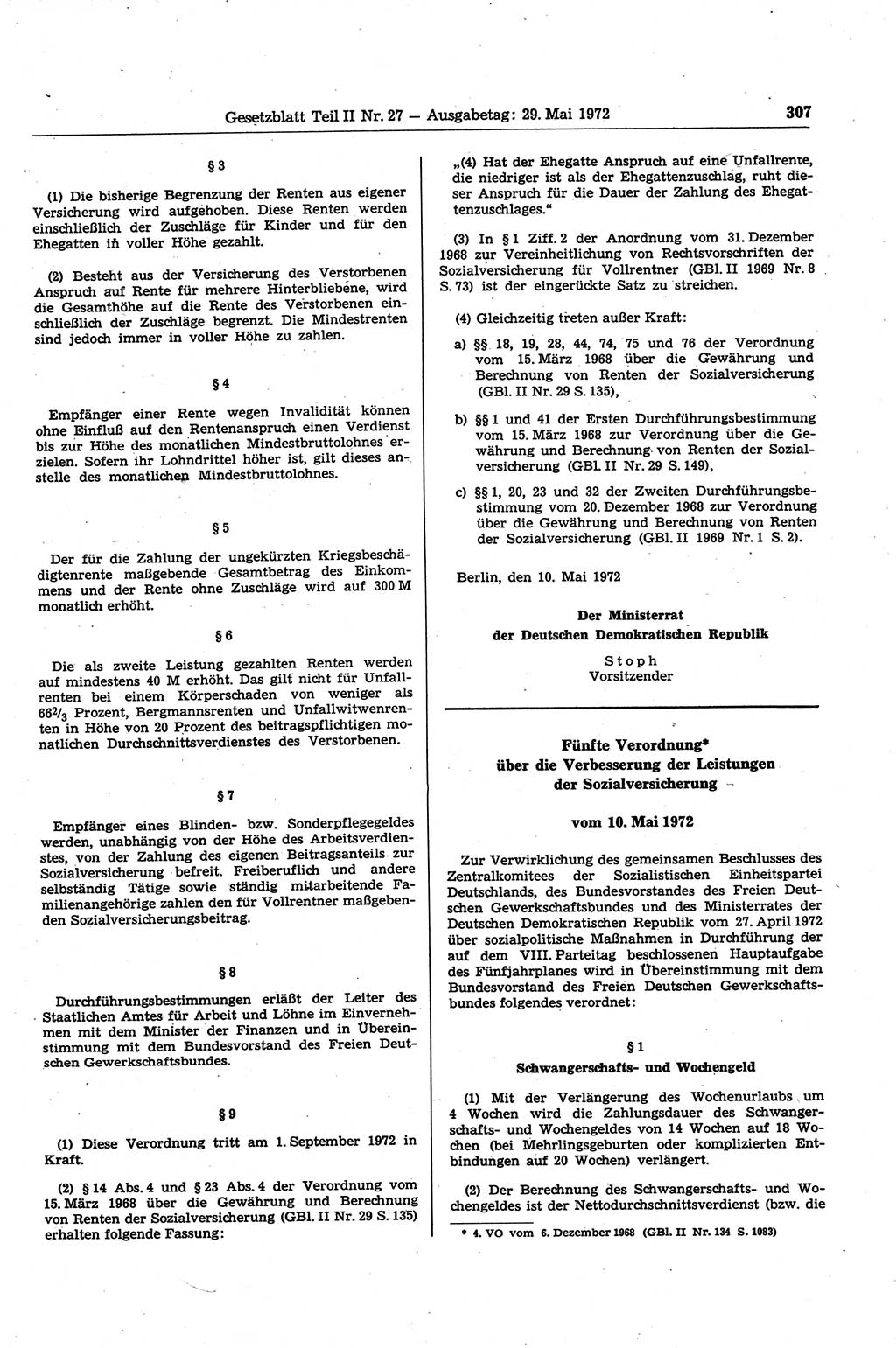 Gesetzblatt (GBl.) der Deutschen Demokratischen Republik (DDR) Teil ⅠⅠ 1972, Seite 307 (GBl. DDR ⅠⅠ 1972, S. 307)