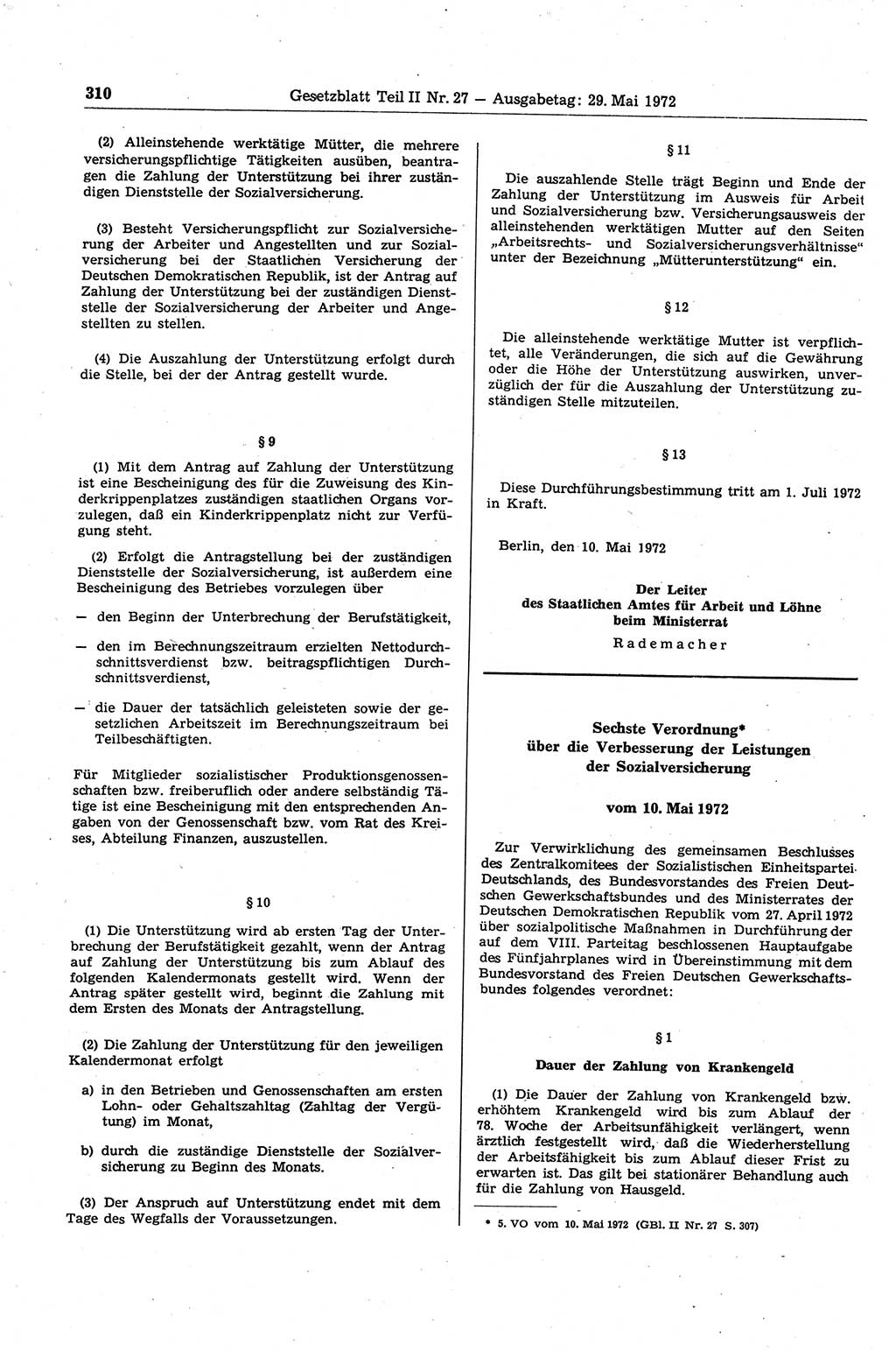 Gesetzblatt (GBl.) der Deutschen Demokratischen Republik (DDR) Teil ⅠⅠ 1972, Seite 310 (GBl. DDR ⅠⅠ 1972, S. 310)