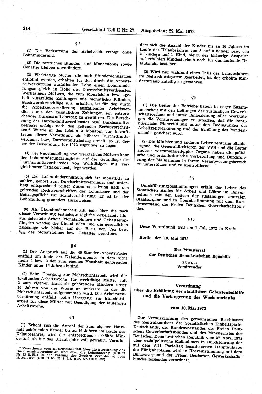 Gesetzblatt (GBl.) der Deutschen Demokratischen Republik (DDR) Teil ⅠⅠ 1972, Seite 314 (GBl. DDR ⅠⅠ 1972, S. 314)