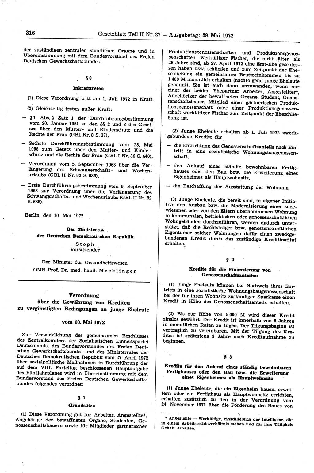 Gesetzblatt (GBl.) der Deutschen Demokratischen Republik (DDR) Teil ⅠⅠ 1972, Seite 316 (GBl. DDR ⅠⅠ 1972, S. 316)