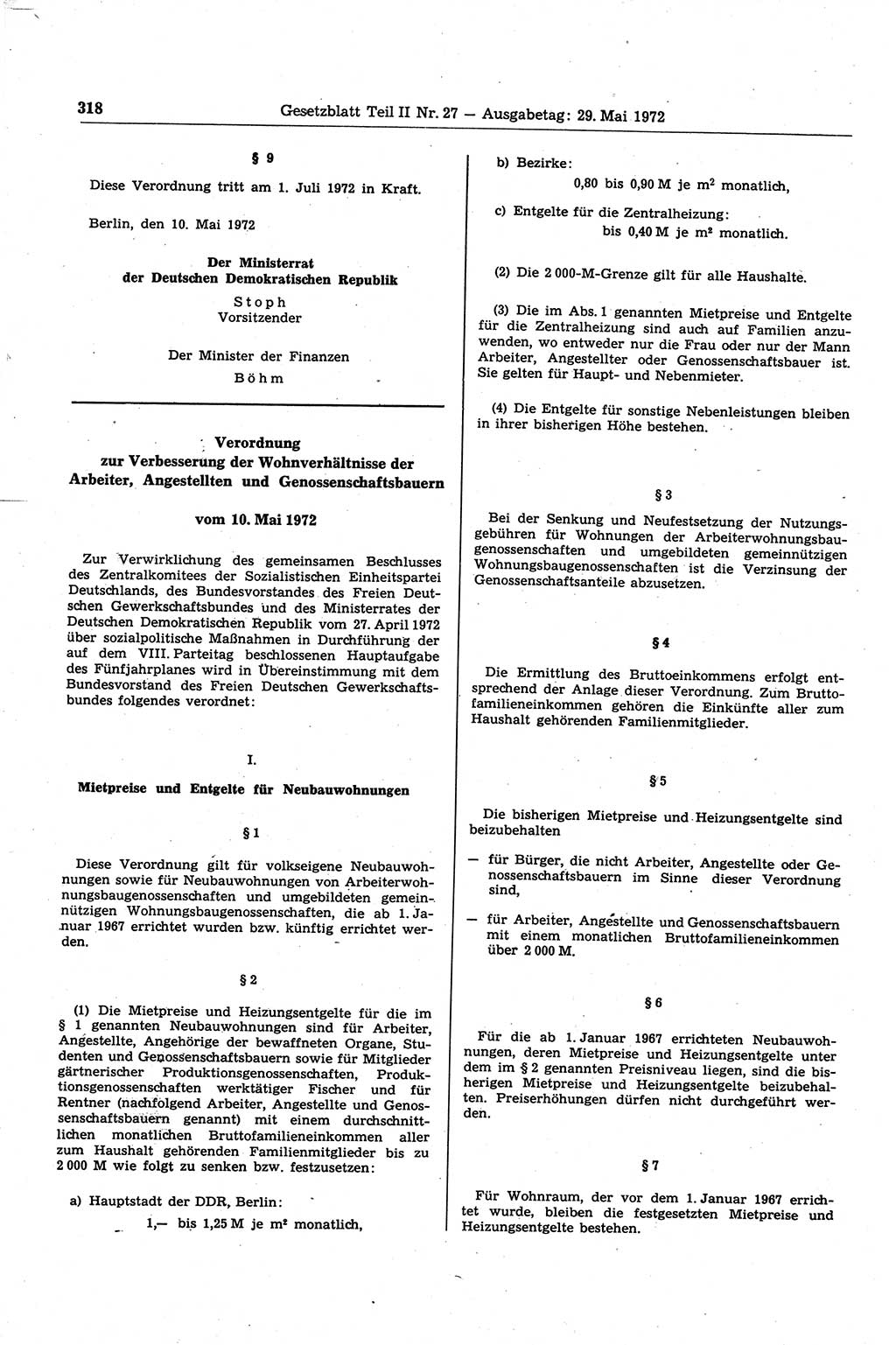 Gesetzblatt (GBl.) der Deutschen Demokratischen Republik (DDR) Teil ⅠⅠ 1972, Seite 318 (GBl. DDR ⅠⅠ 1972, S. 318)