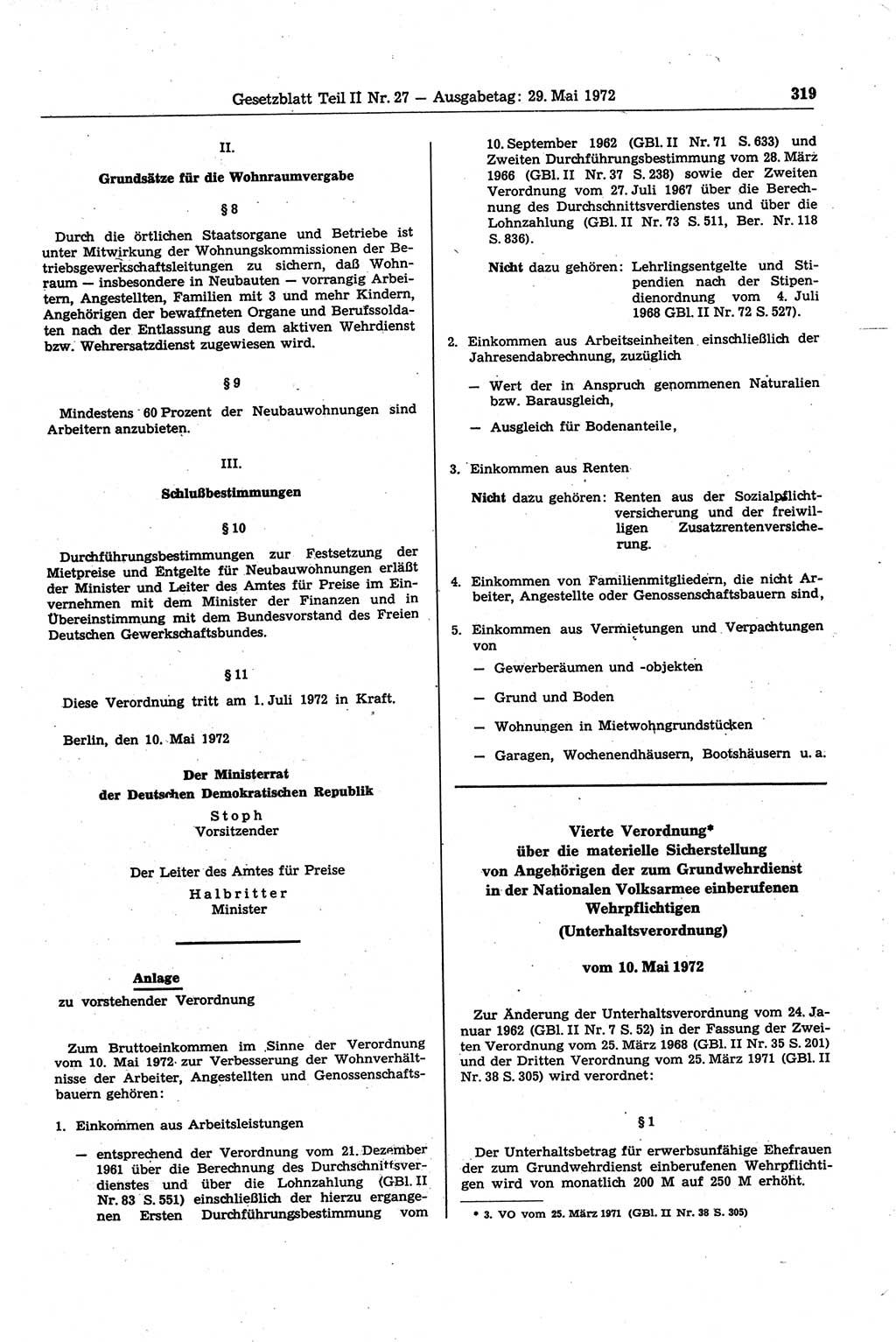 Gesetzblatt (GBl.) der Deutschen Demokratischen Republik (DDR) Teil ⅠⅠ 1972, Seite 319 (GBl. DDR ⅠⅠ 1972, S. 319)