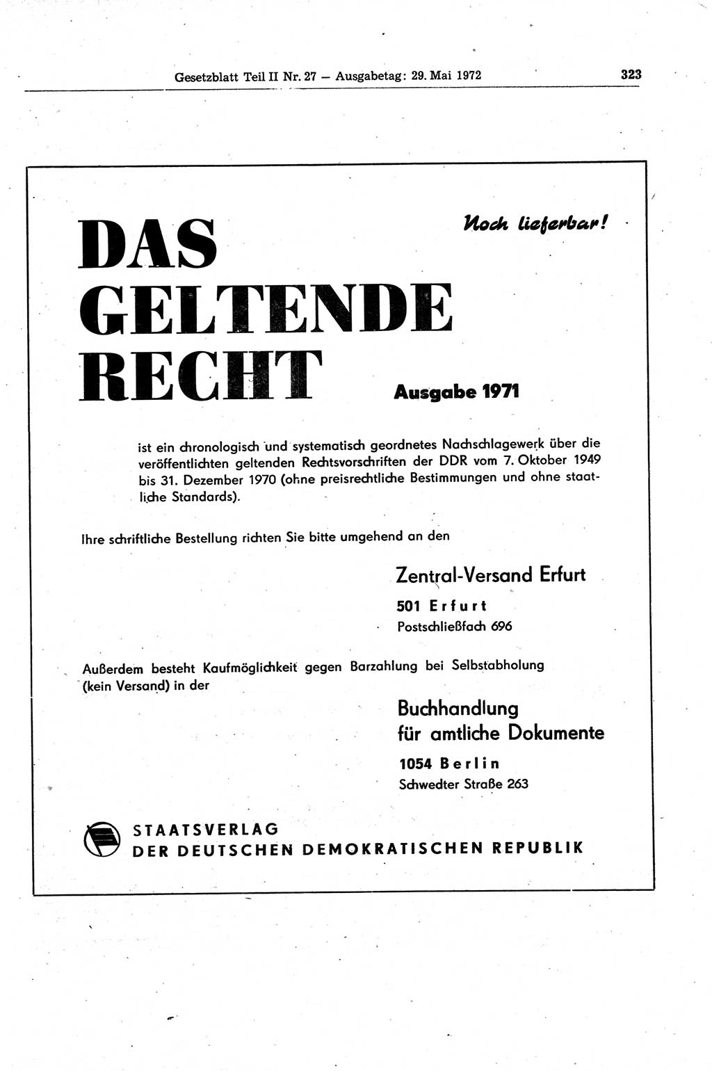 Gesetzblatt (GBl.) der Deutschen Demokratischen Republik (DDR) Teil ⅠⅠ 1972, Seite 323 (GBl. DDR ⅠⅠ 1972, S. 323)