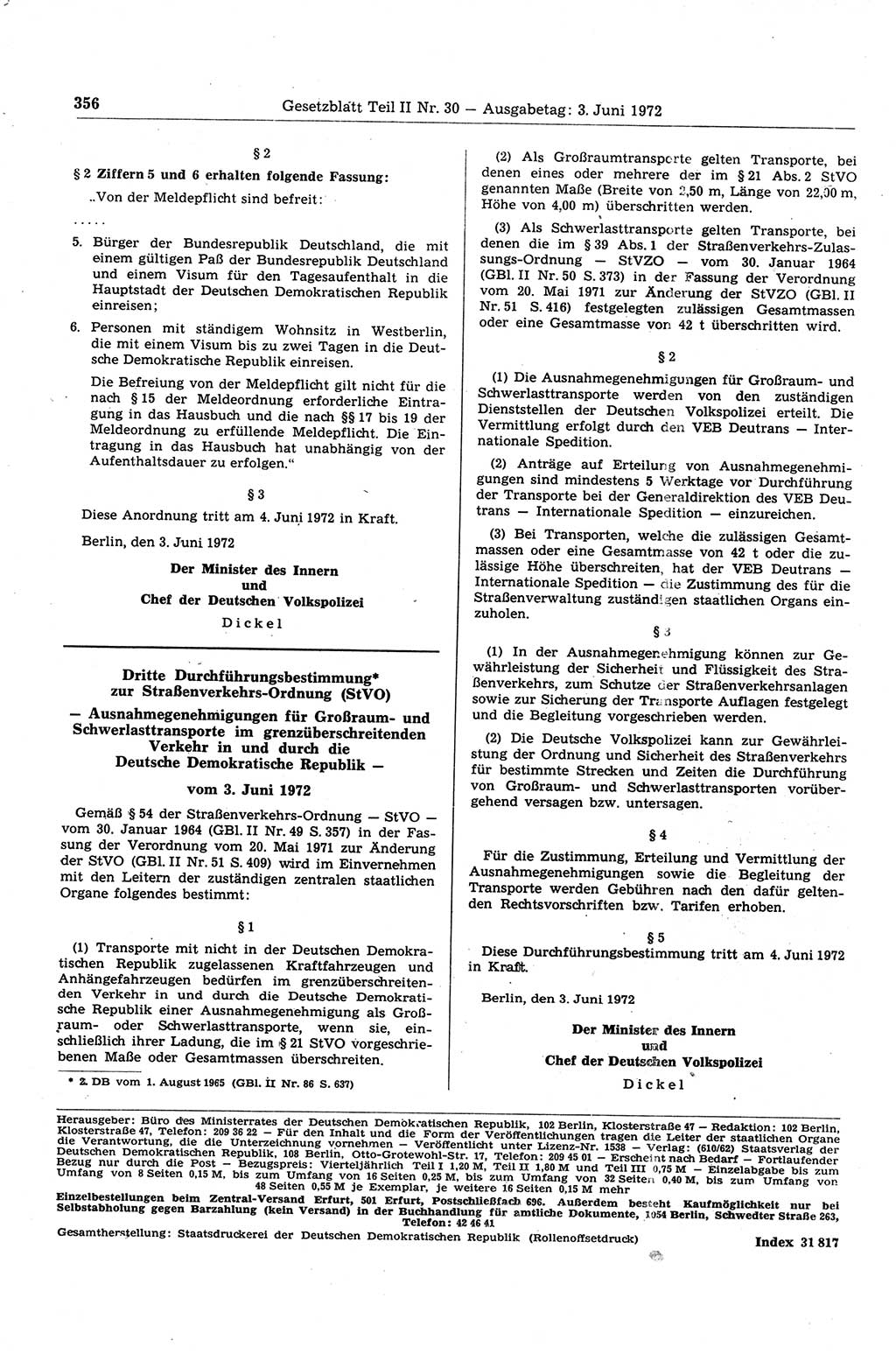 Gesetzblatt (GBl.) der Deutschen Demokratischen Republik (DDR) Teil ⅠⅠ 1972, Seite 356 (GBl. DDR ⅠⅠ 1972, S. 356)