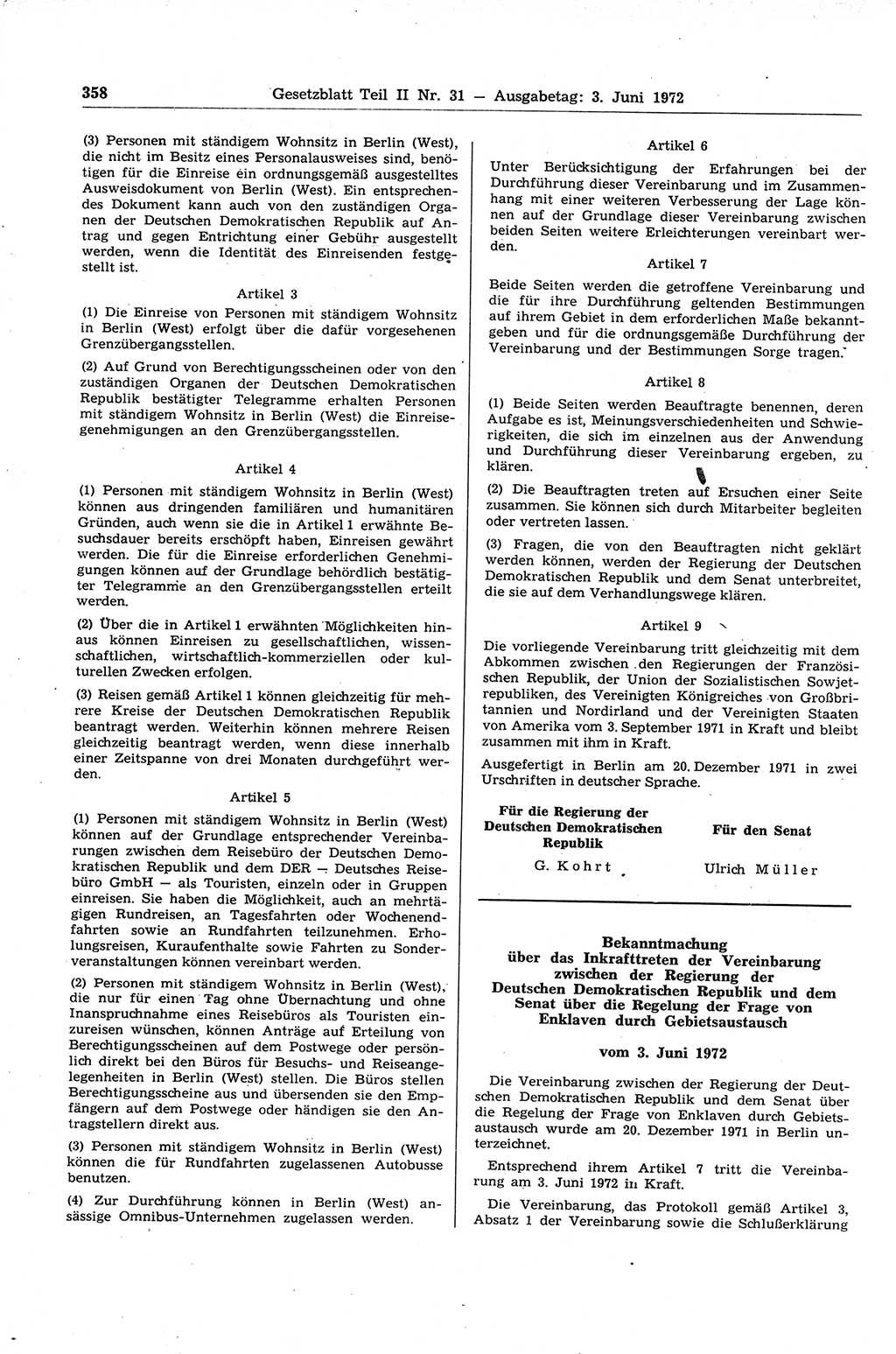 Gesetzblatt (GBl.) der Deutschen Demokratischen Republik (DDR) Teil ⅠⅠ 1972, Seite 358 (GBl. DDR ⅠⅠ 1972, S. 358)
