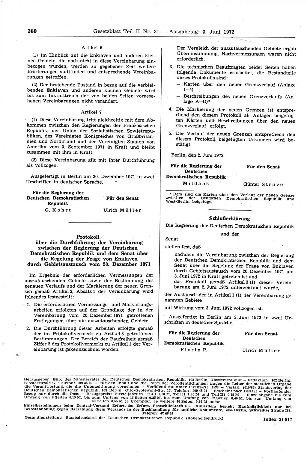 Gesetzblatt (GBl.) der Deutschen Demokratischen Republik (DDR) Teil ⅠⅠ 1972, Seite 360 (GBl. DDR ⅠⅠ 1972, S. 360)