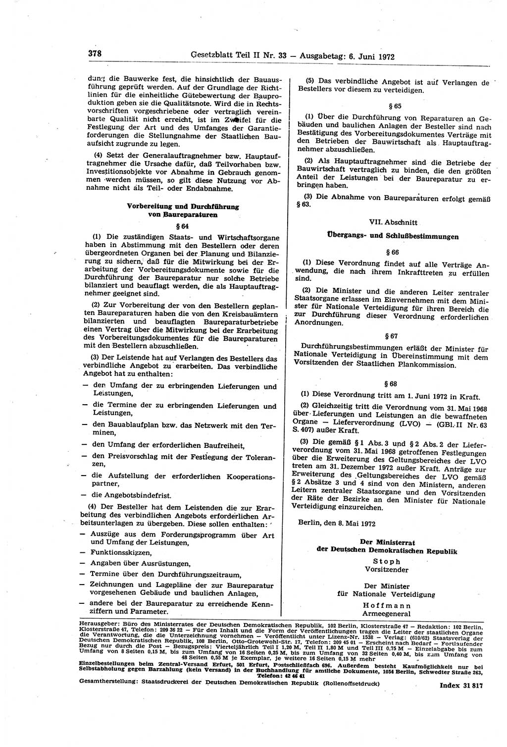 Gesetzblatt (GBl.) der Deutschen Demokratischen Republik (DDR) Teil ⅠⅠ 1972, Seite 378 (GBl. DDR ⅠⅠ 1972, S. 378)