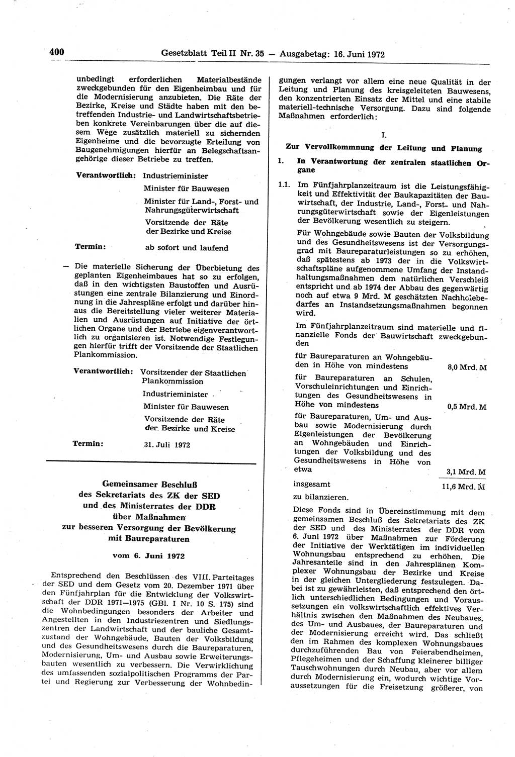 Gesetzblatt (GBl.) der Deutschen Demokratischen Republik (DDR) Teil ⅠⅠ 1972, Seite 400 (GBl. DDR ⅠⅠ 1972, S. 400)