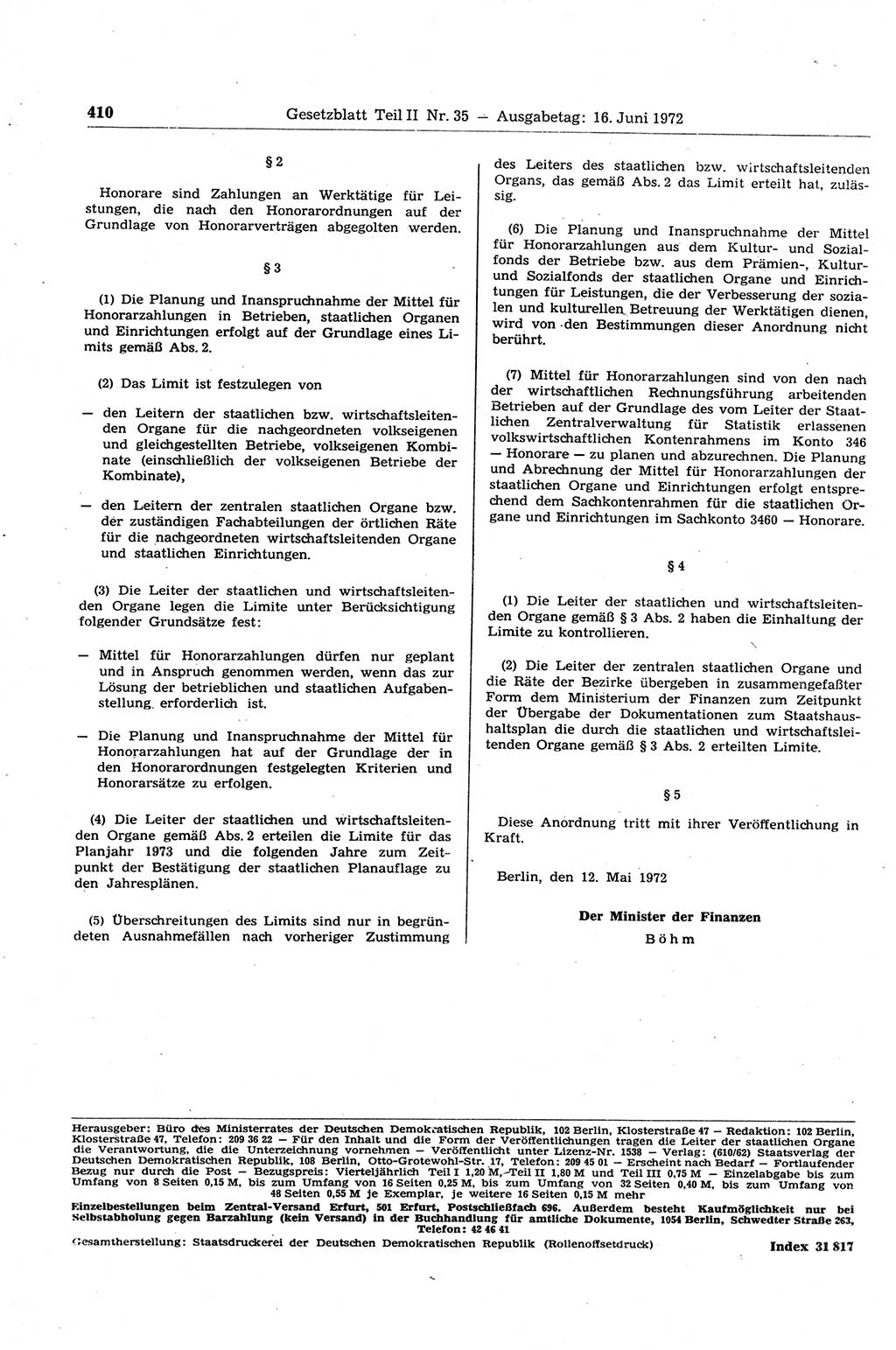 Gesetzblatt (GBl.) der Deutschen Demokratischen Republik (DDR) Teil ⅠⅠ 1972, Seite 410 (GBl. DDR ⅠⅠ 1972, S. 410)