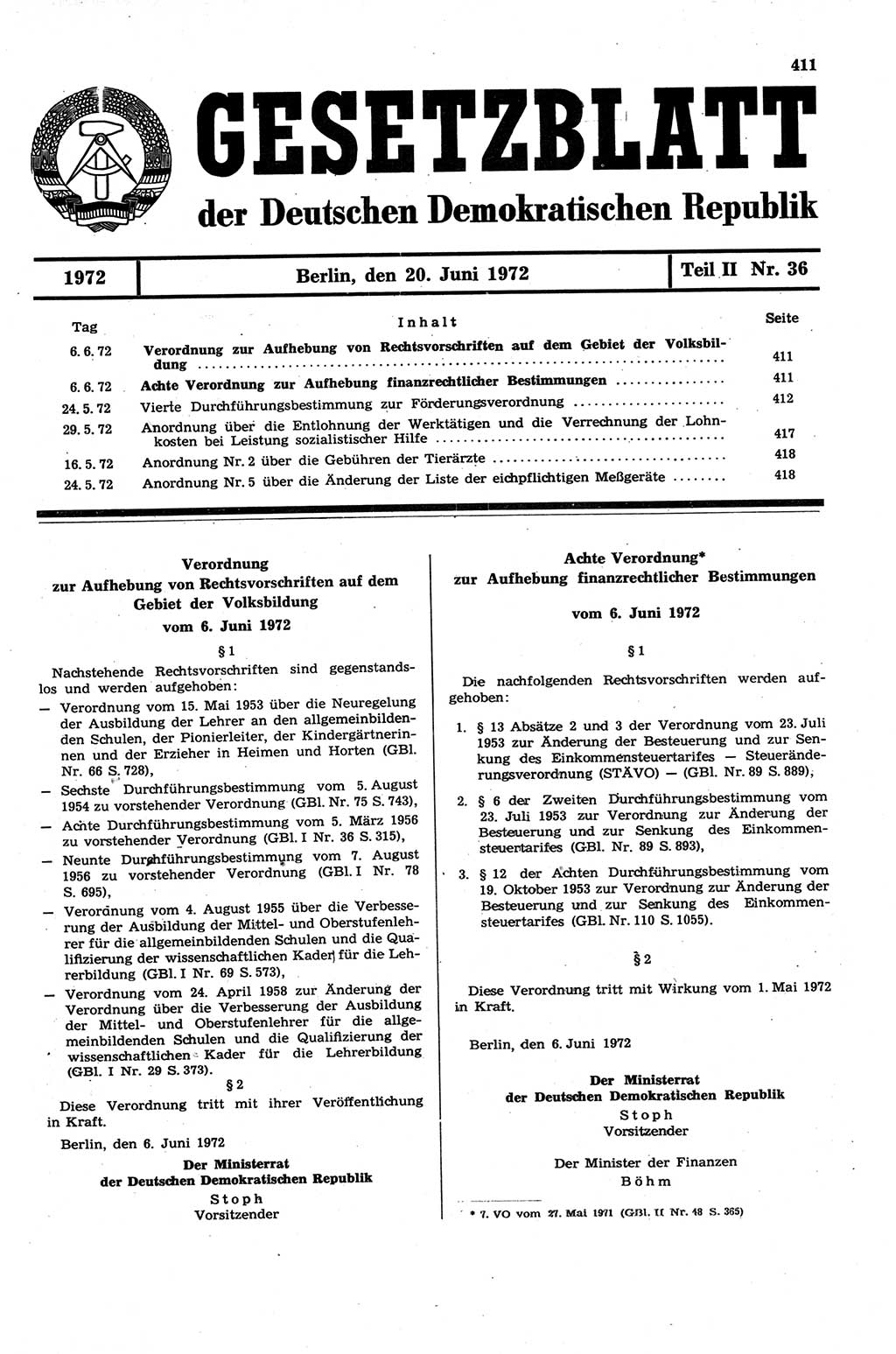 Gesetzblatt (GBl.) der Deutschen Demokratischen Republik (DDR) Teil ⅠⅠ 1972, Seite 411 (GBl. DDR ⅠⅠ 1972, S. 411)