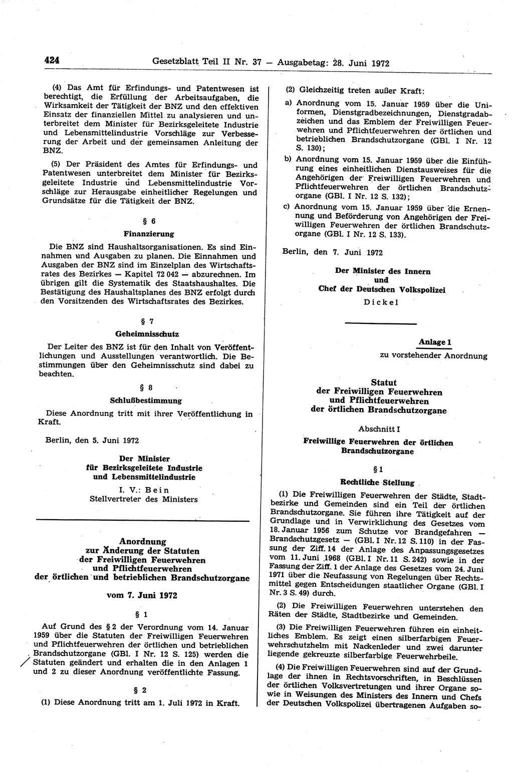 Gesetzblatt (GBl.) der Deutschen Demokratischen Republik (DDR) Teil ⅠⅠ 1972, Seite 424 (GBl. DDR ⅠⅠ 1972, S. 424)