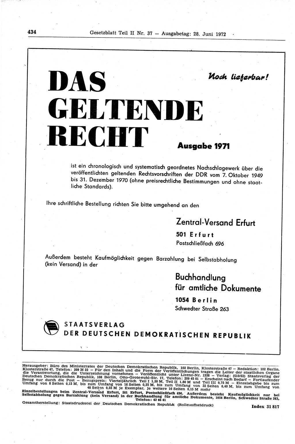 Gesetzblatt (GBl.) der Deutschen Demokratischen Republik (DDR) Teil ⅠⅠ 1972, Seite 434 (GBl. DDR ⅠⅠ 1972, S. 434)