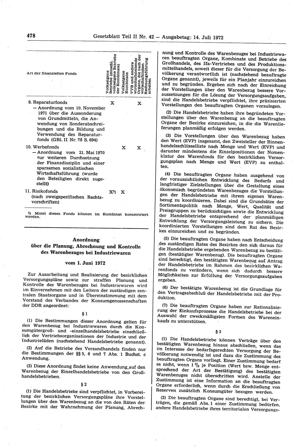 Gesetzblatt (GBl.) der Deutschen Demokratischen Republik (DDR) Teil ⅠⅠ 1972, Seite 478 (GBl. DDR ⅠⅠ 1972, S. 478)
