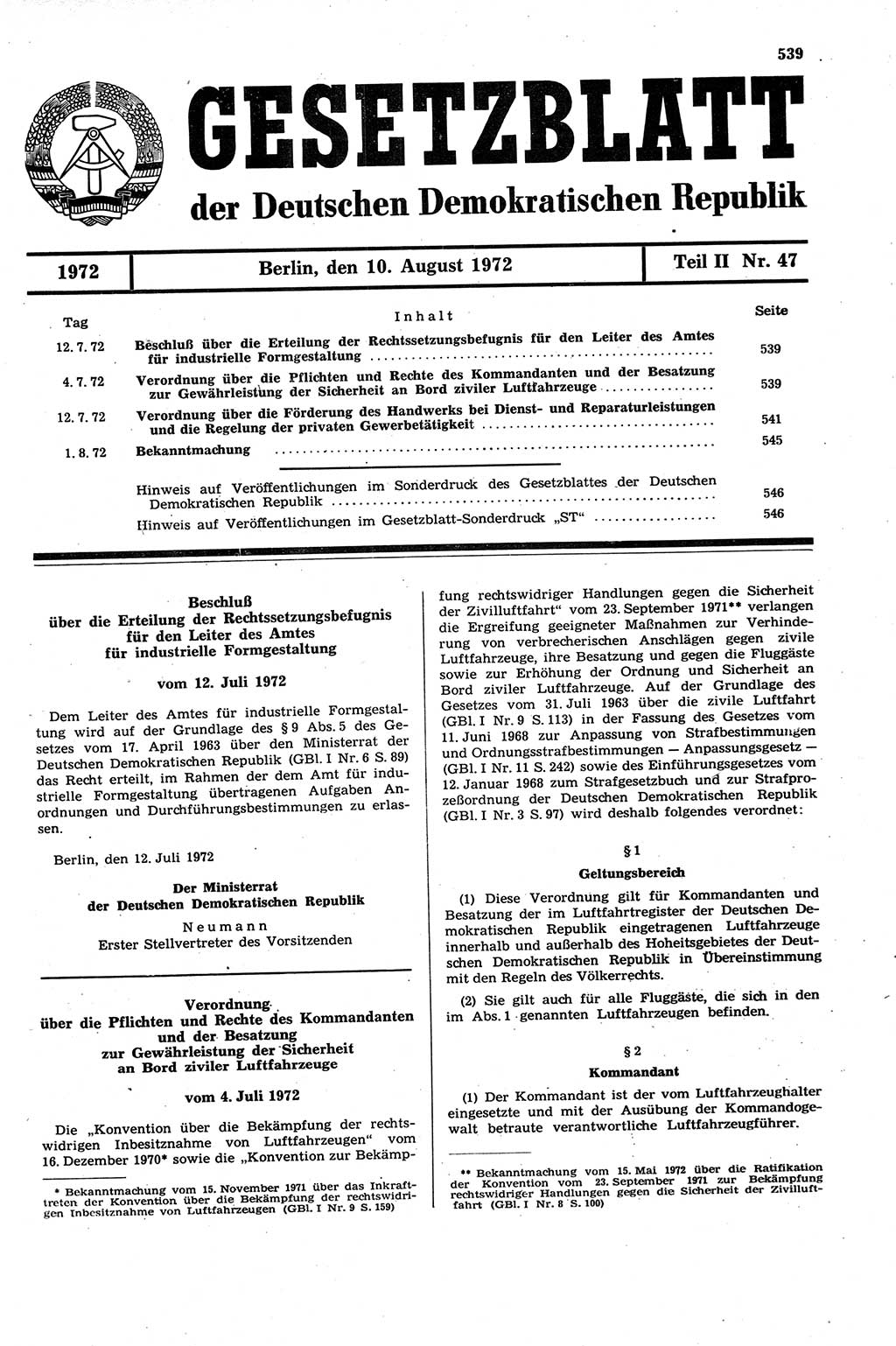 Gesetzblatt (GBl.) der Deutschen Demokratischen Republik (DDR) Teil ⅠⅠ 1972, Seite 539 (GBl. DDR ⅠⅠ 1972, S. 539)