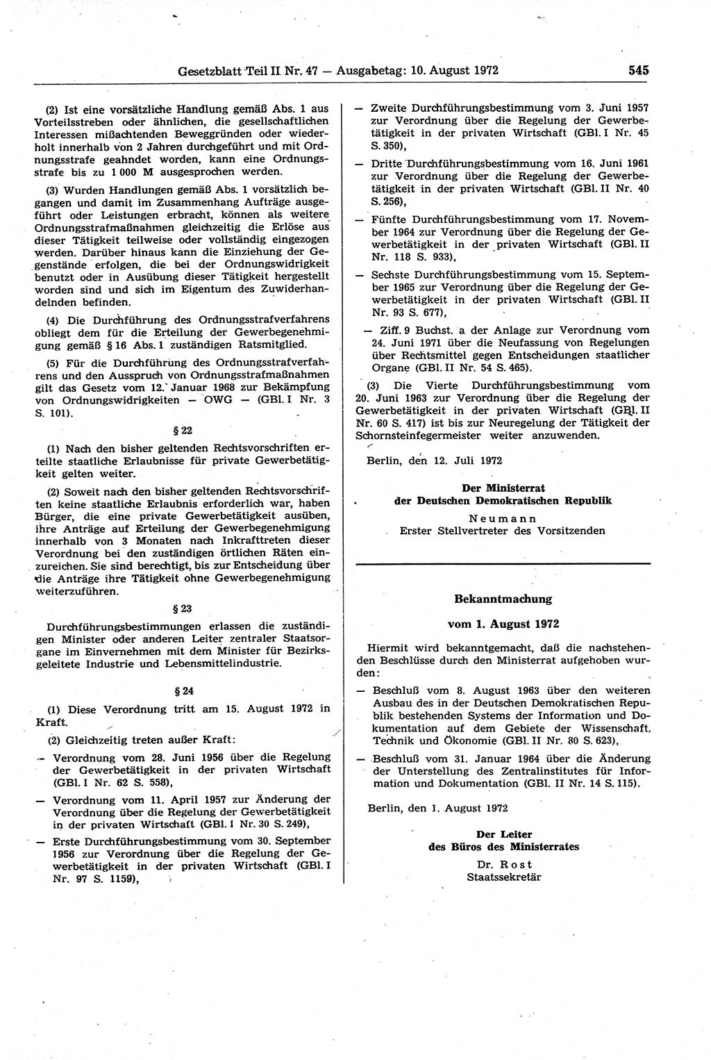 Gesetzblatt (GBl.) der Deutschen Demokratischen Republik (DDR) Teil ⅠⅠ 1972, Seite 545 (GBl. DDR ⅠⅠ 1972, S. 545)