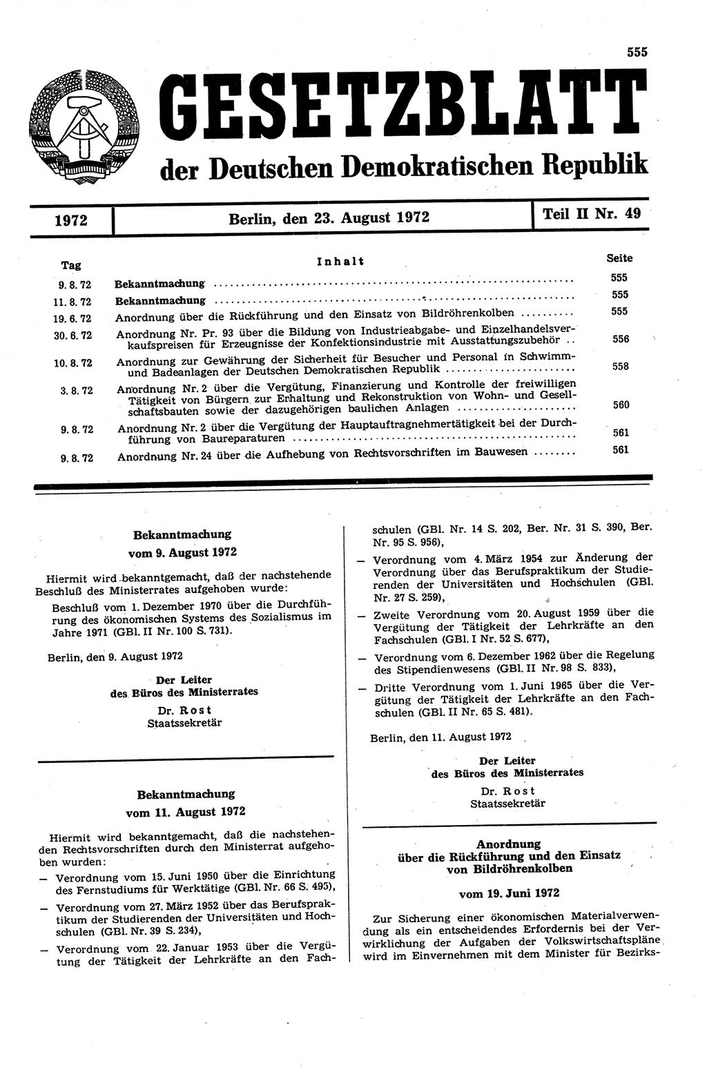 Gesetzblatt (GBl.) der Deutschen Demokratischen Republik (DDR) Teil ⅠⅠ 1972, Seite 555 (GBl. DDR ⅠⅠ 1972, S. 555)