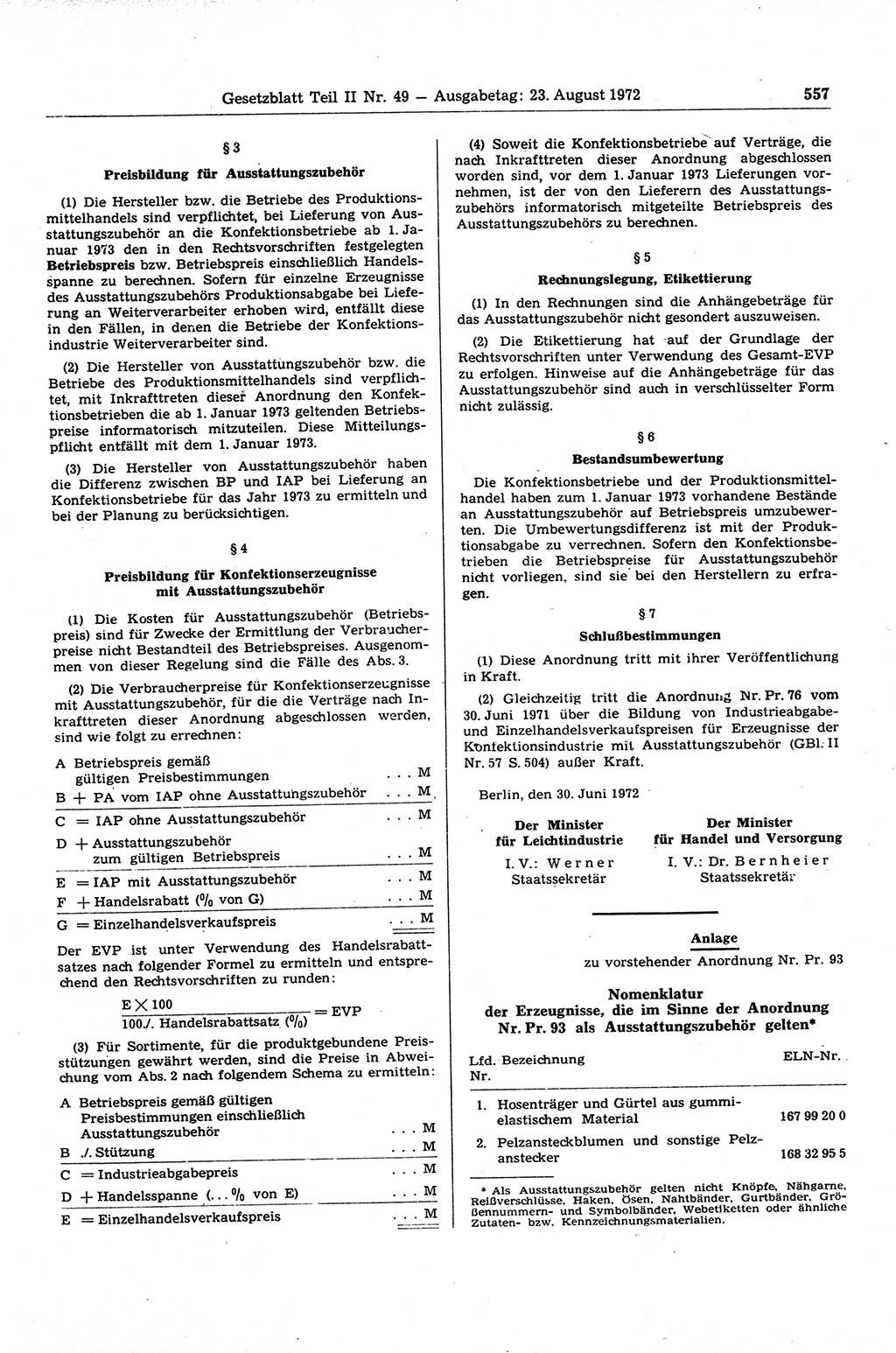 Gesetzblatt (GBl.) der Deutschen Demokratischen Republik (DDR) Teil ⅠⅠ 1972, Seite 557 (GBl. DDR ⅠⅠ 1972, S. 557)