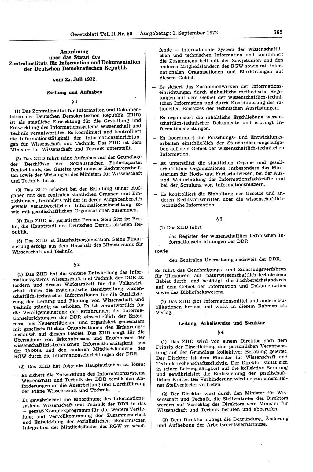 Gesetzblatt (GBl.) der Deutschen Demokratischen Republik (DDR) Teil ⅠⅠ 1972, Seite 565 (GBl. DDR ⅠⅠ 1972, S. 565)