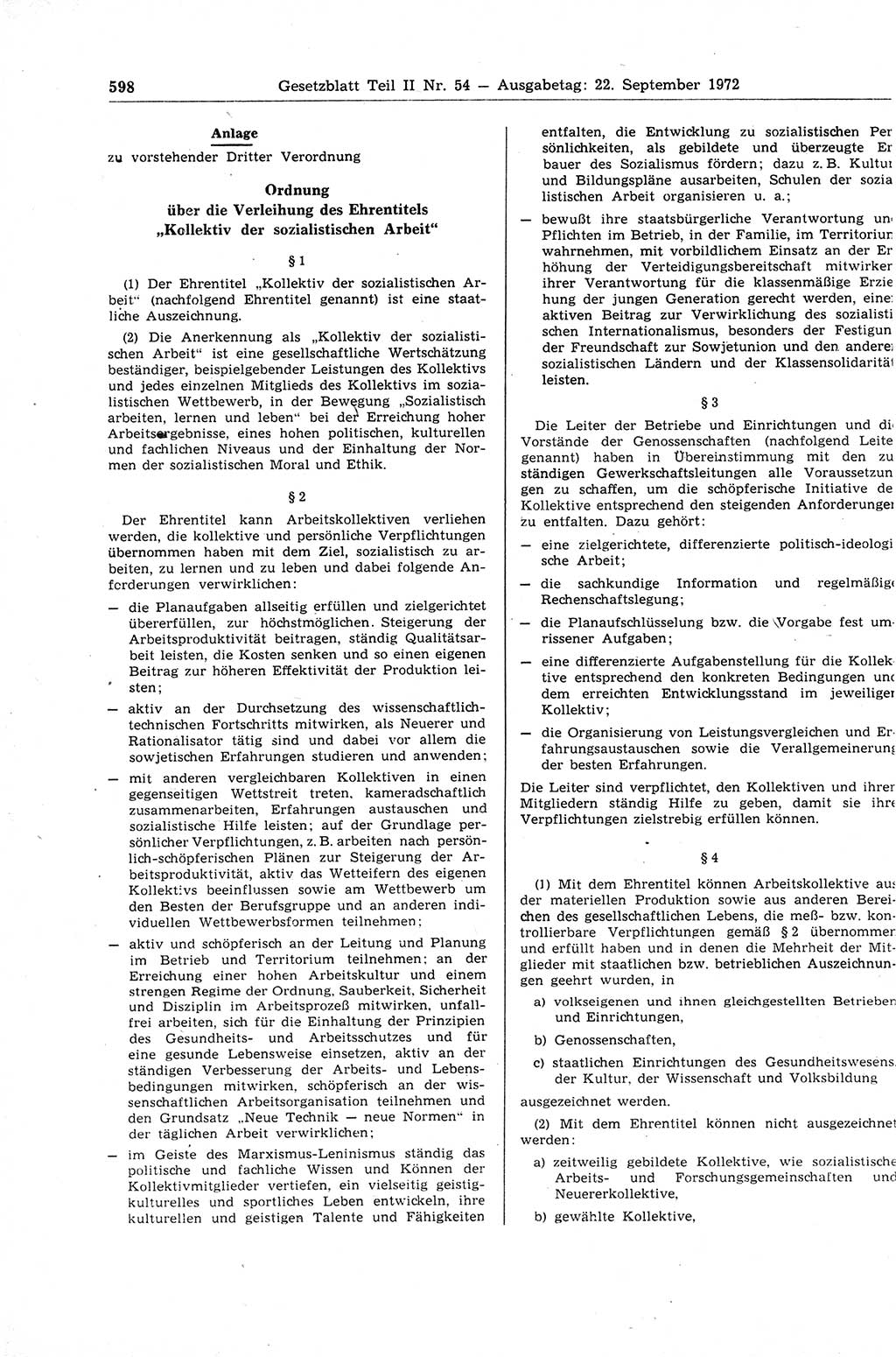 Gesetzblatt (GBl.) der Deutschen Demokratischen Republik (DDR) Teil ⅠⅠ 1972, Seite 598 (GBl. DDR ⅠⅠ 1972, S. 598)