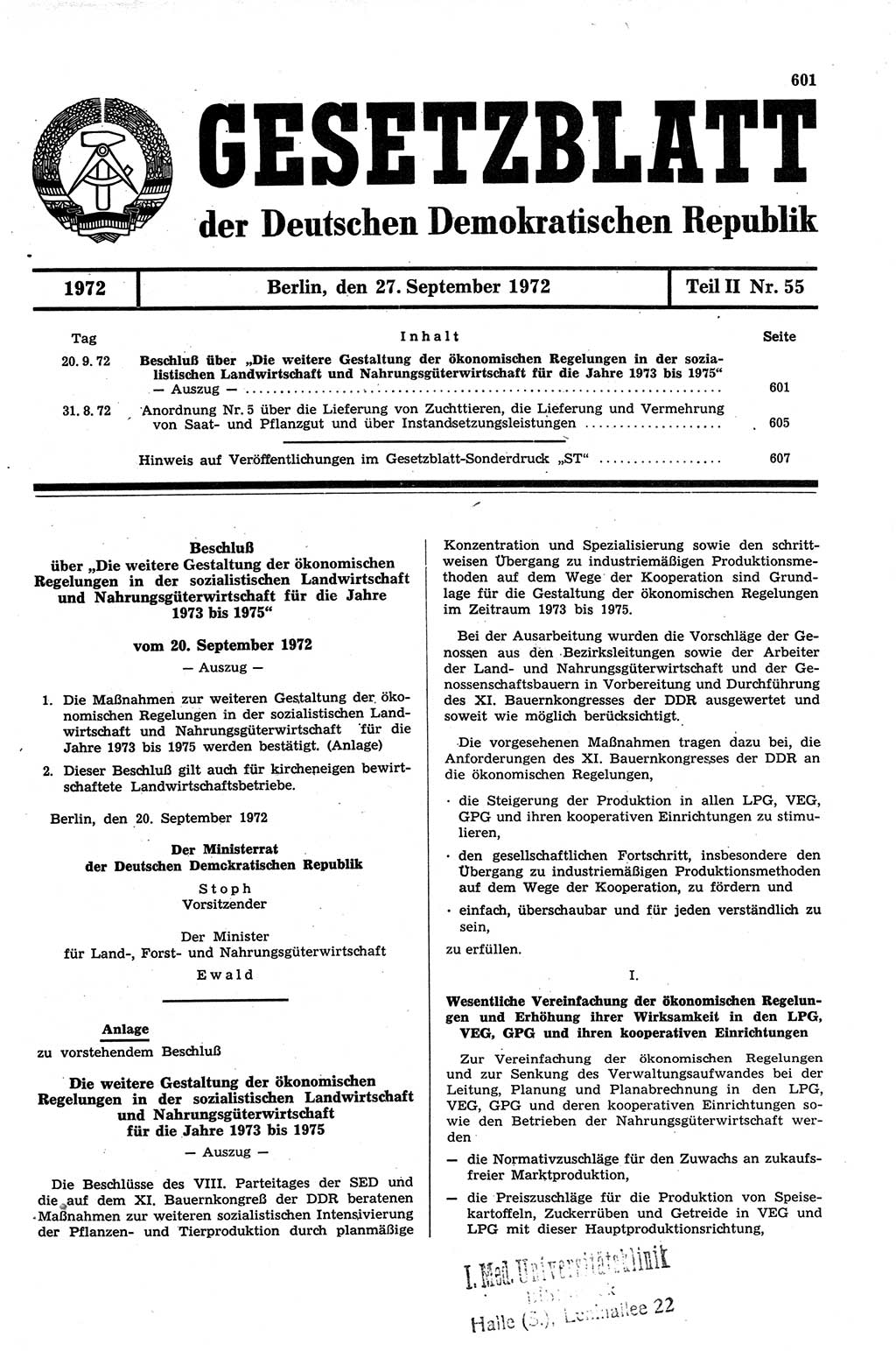 Gesetzblatt (GBl.) der Deutschen Demokratischen Republik (DDR) Teil ⅠⅠ 1972, Seite 601 (GBl. DDR ⅠⅠ 1972, S. 601)