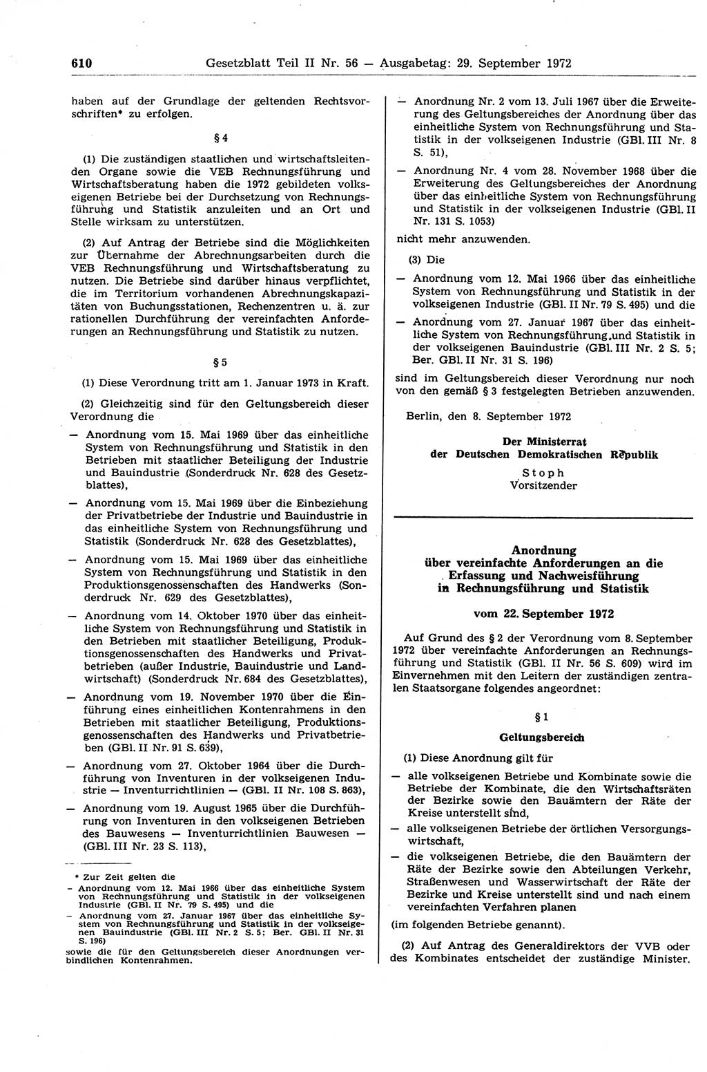 Gesetzblatt (GBl.) der Deutschen Demokratischen Republik (DDR) Teil ⅠⅠ 1972, Seite 610 (GBl. DDR ⅠⅠ 1972, S. 610)