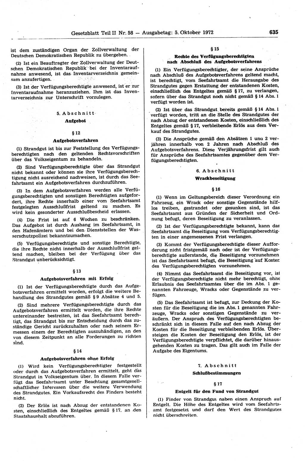 Gesetzblatt (GBl.) der Deutschen Demokratischen Republik (DDR) Teil ⅠⅠ 1972, Seite 635 (GBl. DDR ⅠⅠ 1972, S. 635)