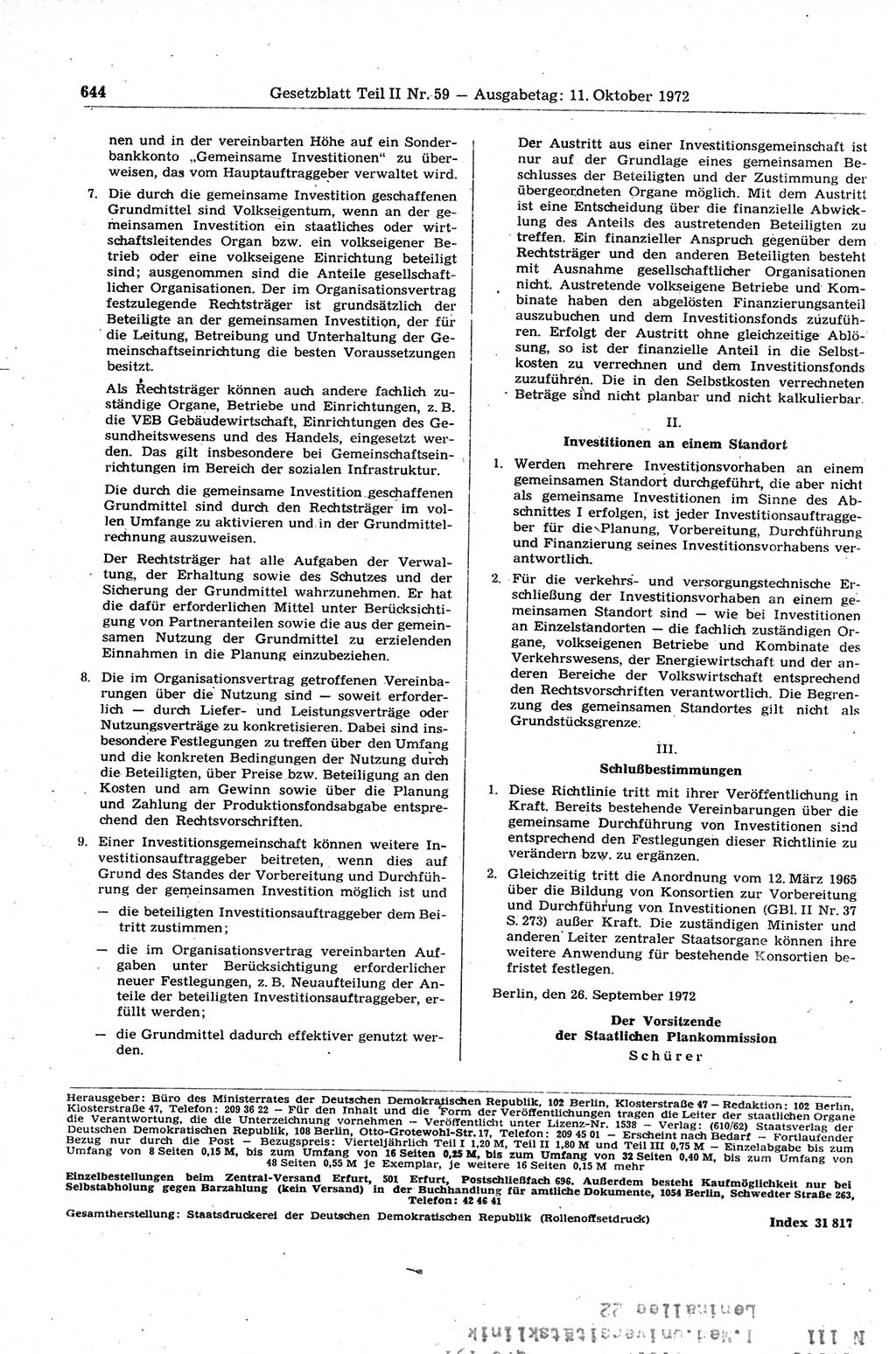 Gesetzblatt (GBl.) der Deutschen Demokratischen Republik (DDR) Teil ⅠⅠ 1972, Seite 644 (GBl. DDR ⅠⅠ 1972, S. 644)