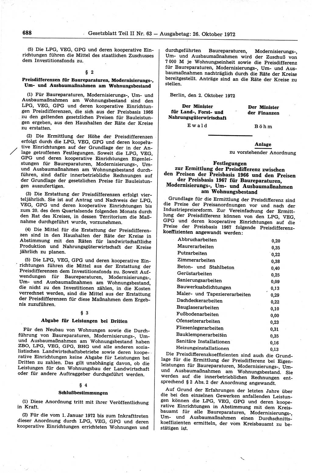 Gesetzblatt (GBl.) der Deutschen Demokratischen Republik (DDR) Teil ⅠⅠ 1972, Seite 688 (GBl. DDR ⅠⅠ 1972, S. 688)