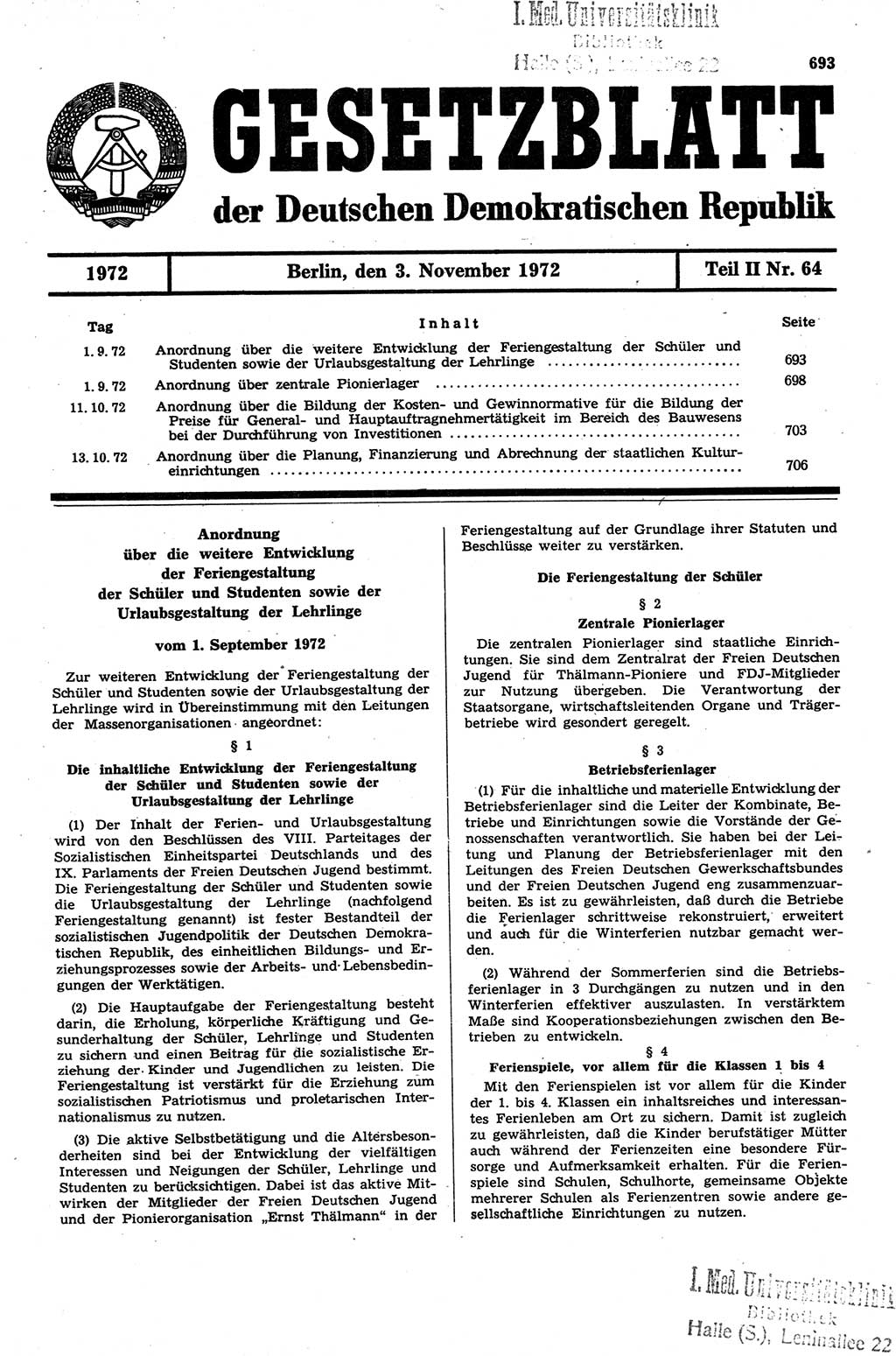 Gesetzblatt (GBl.) der Deutschen Demokratischen Republik (DDR) Teil ⅠⅠ 1972, Seite 693 (GBl. DDR ⅠⅠ 1972, S. 693)