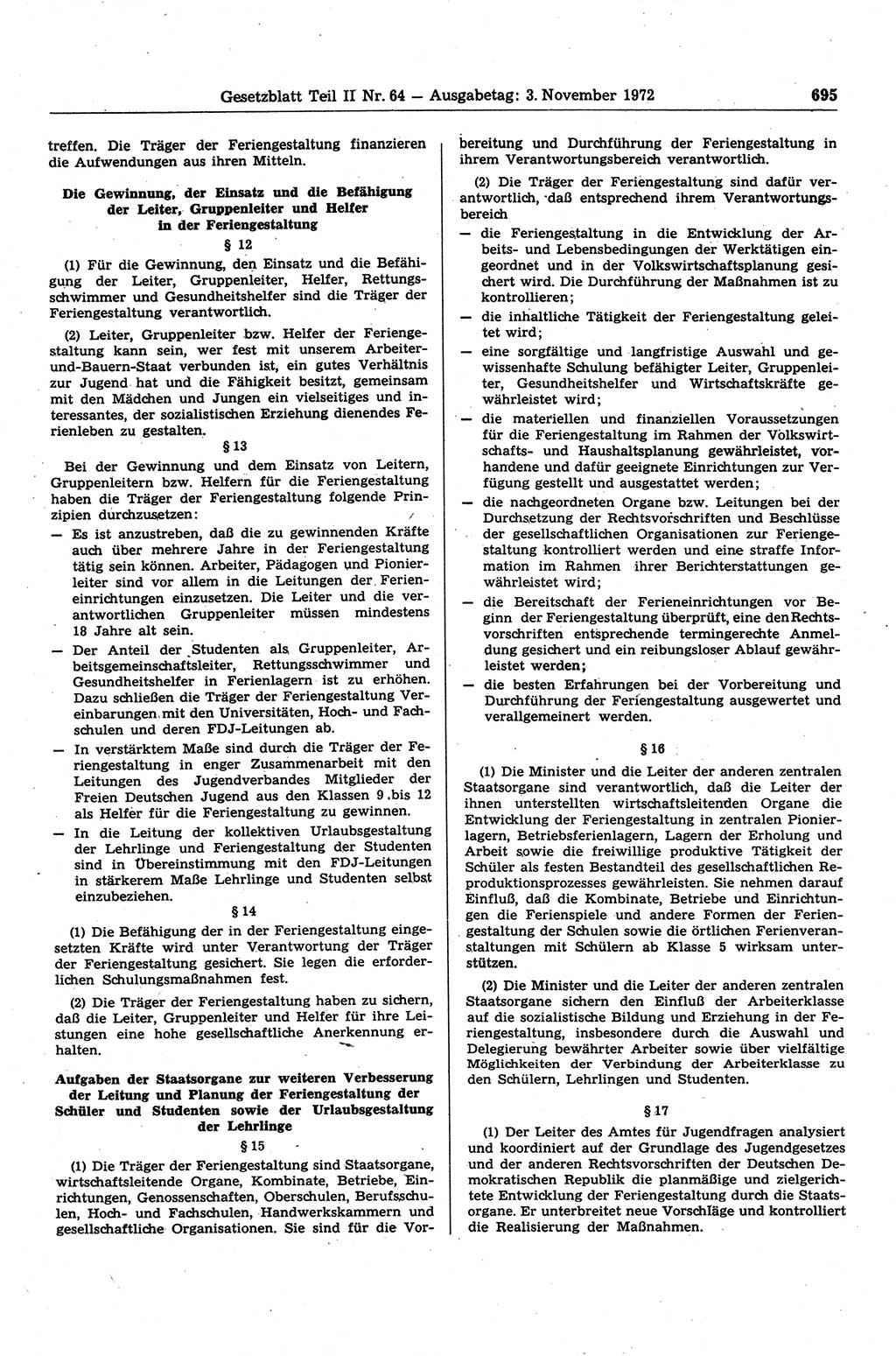 Gesetzblatt (GBl.) der Deutschen Demokratischen Republik (DDR) Teil ⅠⅠ 1972, Seite 695 (GBl. DDR ⅠⅠ 1972, S. 695)