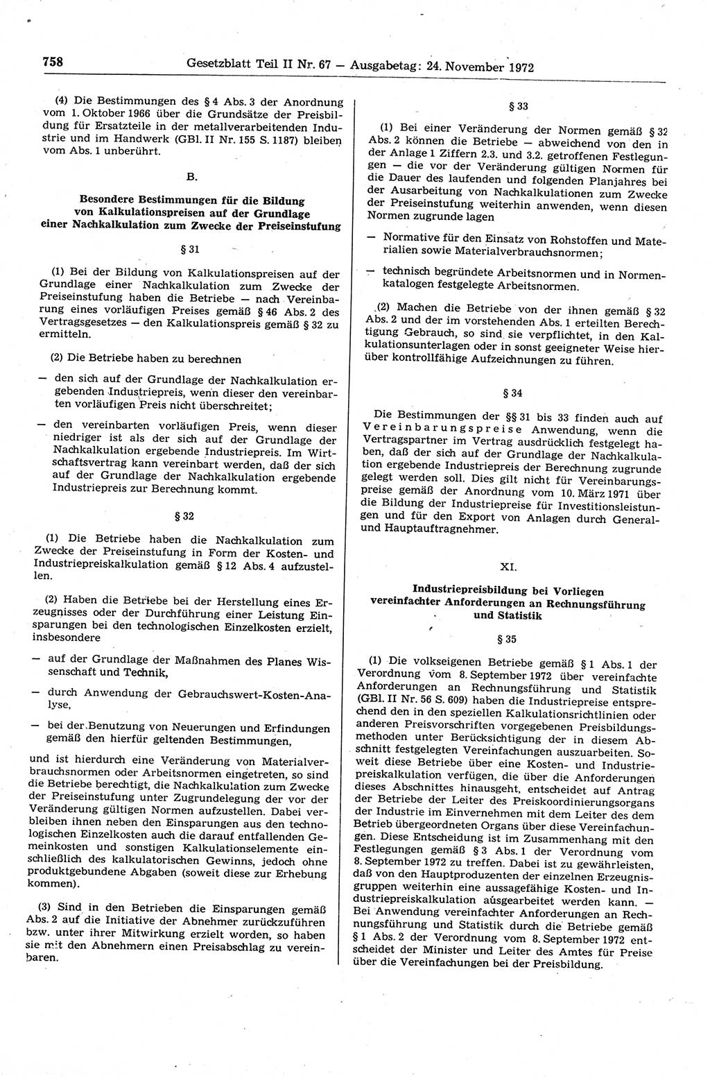 Gesetzblatt (GBl.) der Deutschen Demokratischen Republik (DDR) Teil ⅠⅠ 1972, Seite 758 (GBl. DDR ⅠⅠ 1972, S. 758)