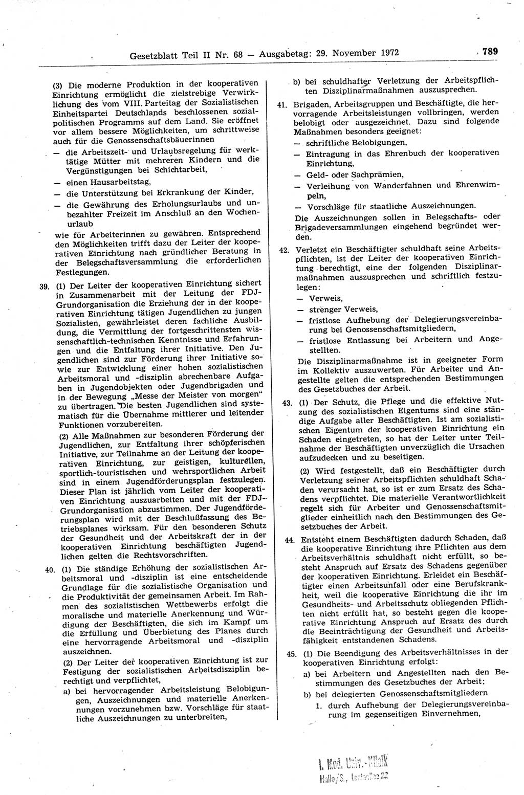 Gesetzblatt (GBl.) der Deutschen Demokratischen Republik (DDR) Teil ⅠⅠ 1972, Seite 789 (GBl. DDR ⅠⅠ 1972, S. 789)