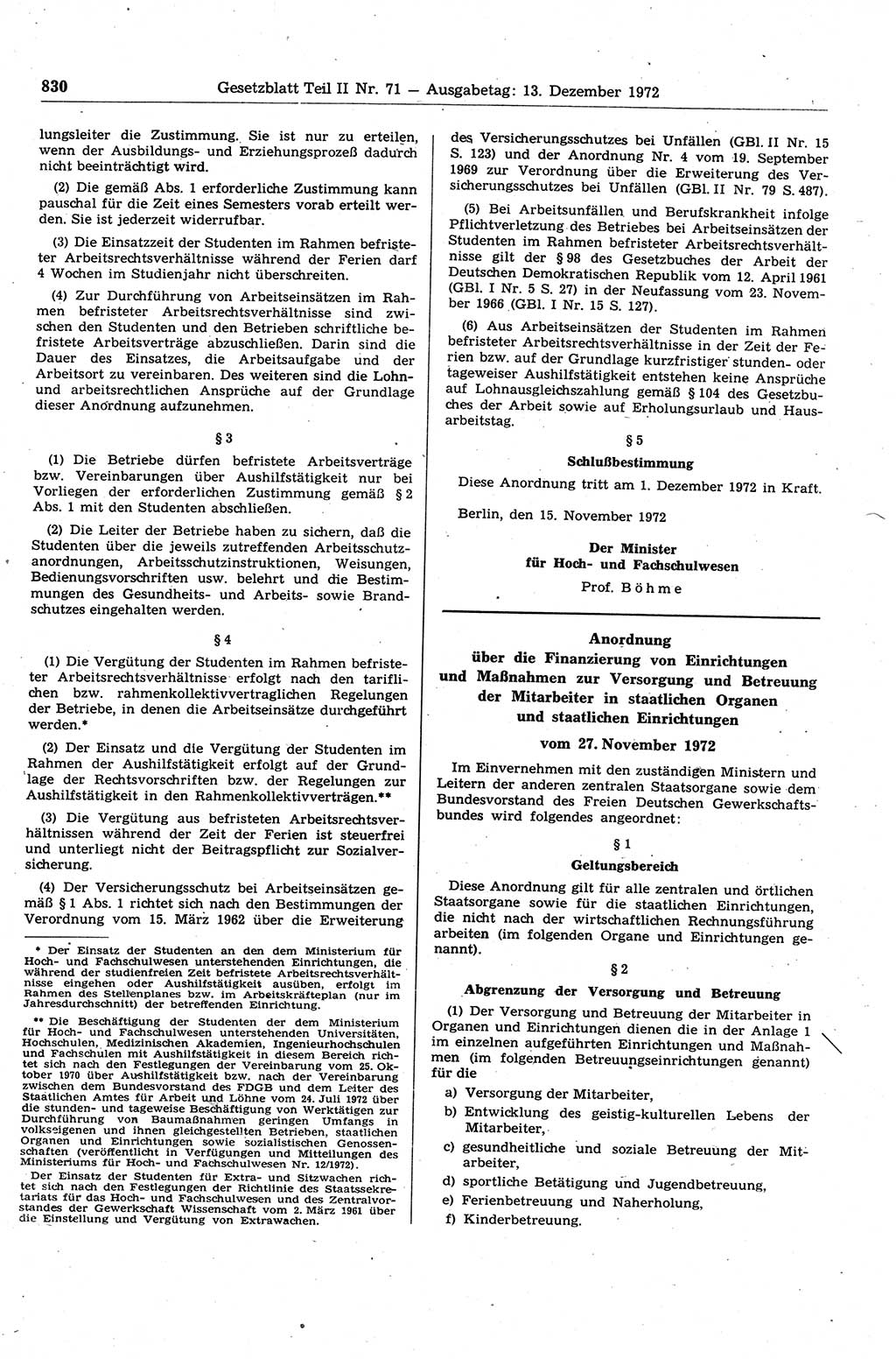 Gesetzblatt (GBl.) der Deutschen Demokratischen Republik (DDR) Teil ⅠⅠ 1972, Seite 830 (GBl. DDR ⅠⅠ 1972, S. 830)