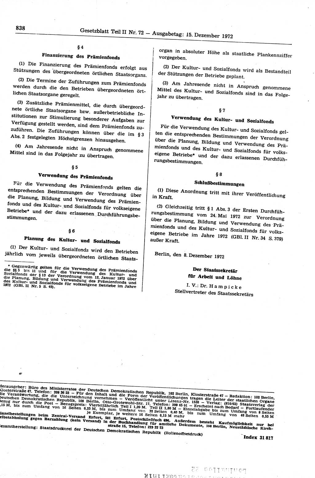 Gesetzblatt (GBl.) der Deutschen Demokratischen Republik (DDR) Teil ⅠⅠ 1972, Seite 838 (GBl. DDR ⅠⅠ 1972, S. 838)